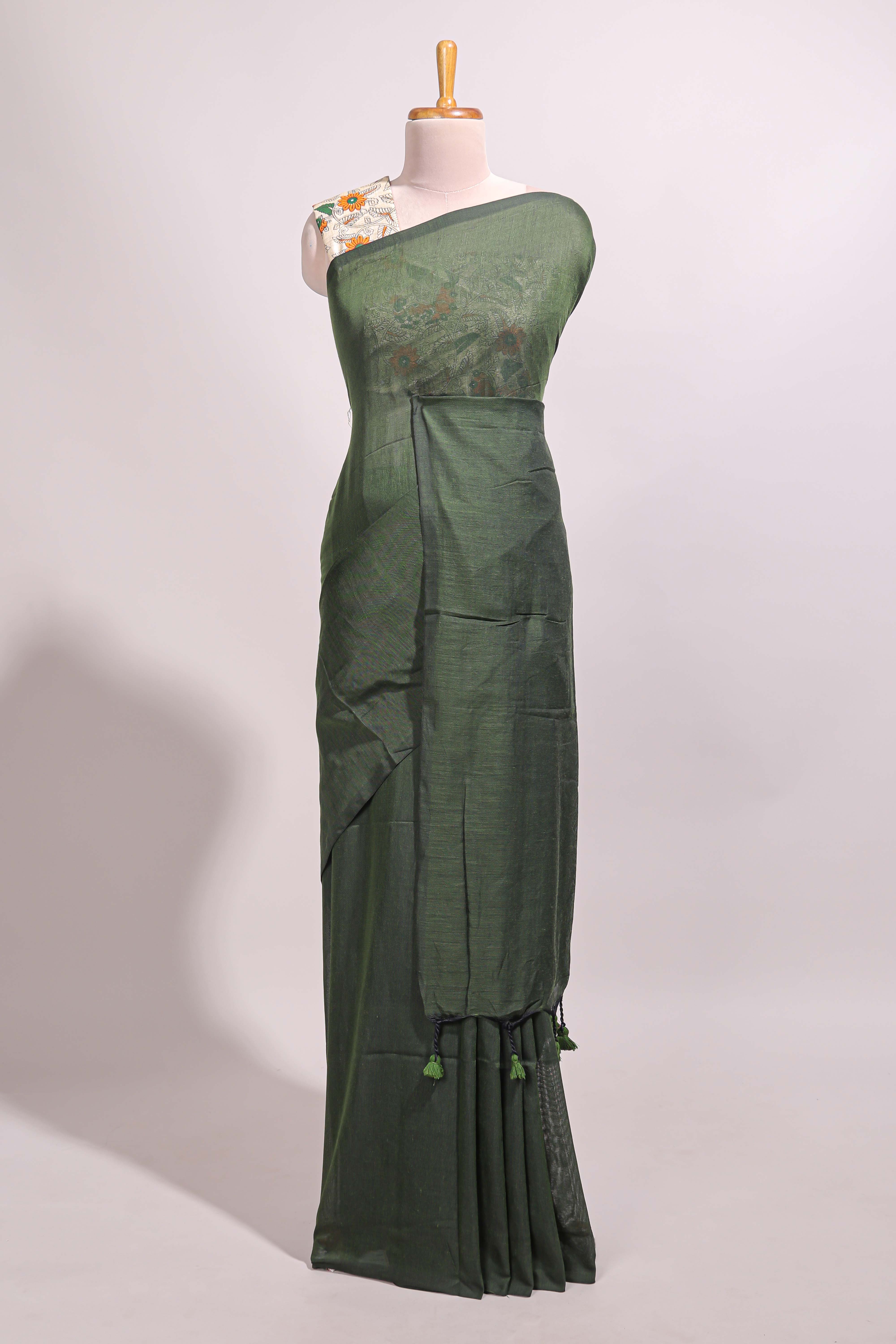 Dark green plain south cotton sarees with contrast floral printed blouse