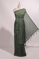 Dark green plain south cotton sarees with contrast floral printed blouse