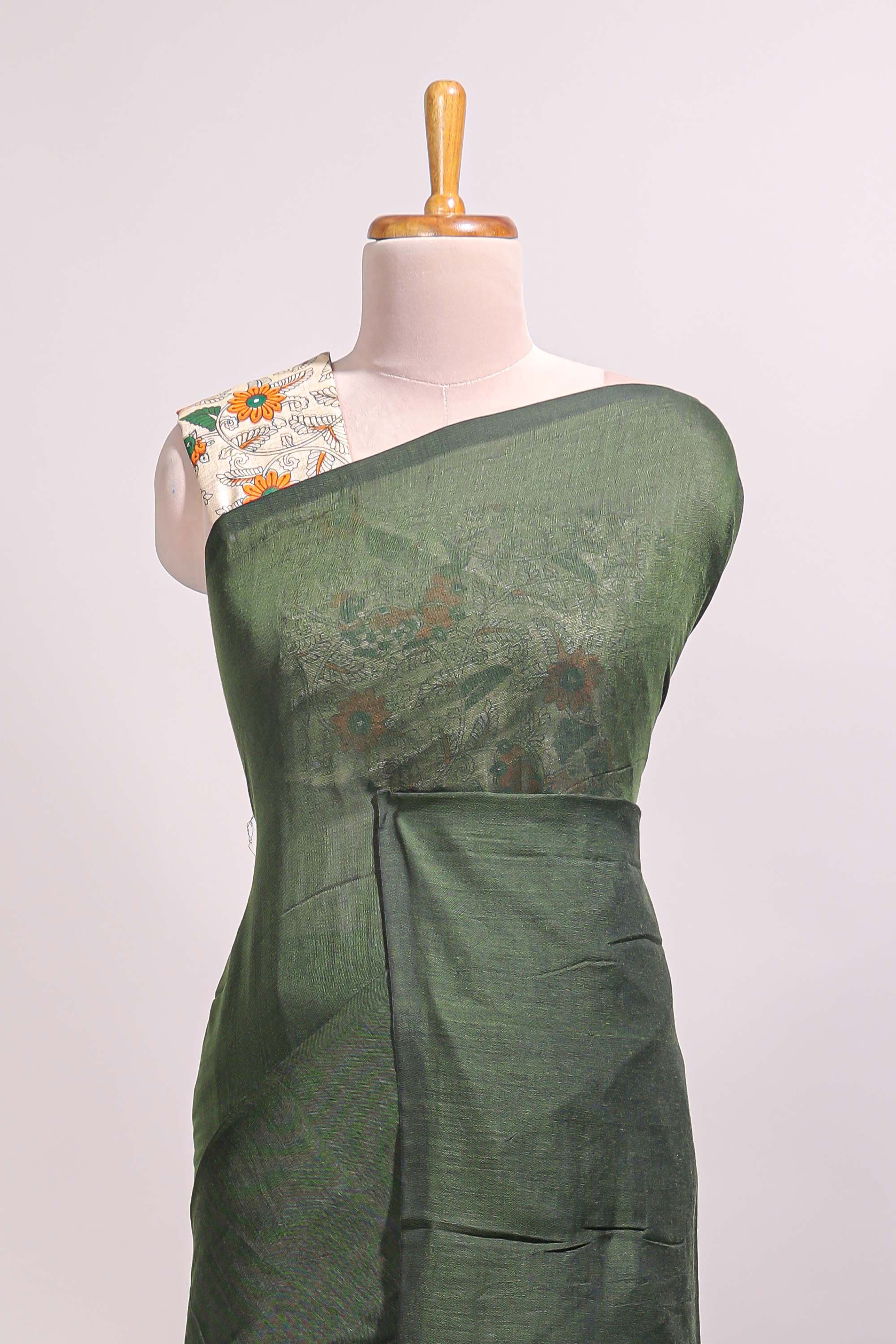 Dark green plain south cotton sarees with contrast floral printed blouse