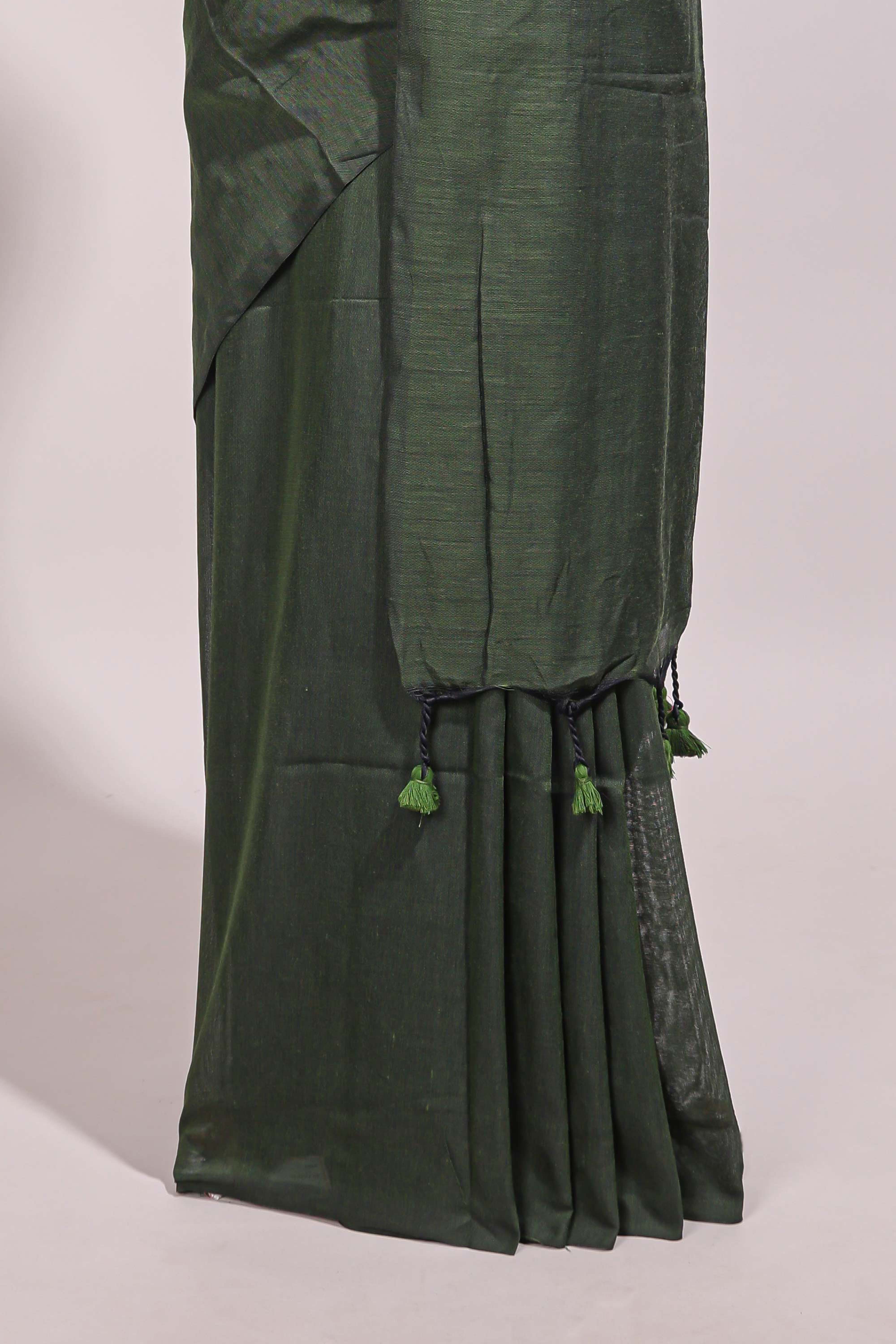 Dark green plain south cotton sarees with contrast floral printed blouse