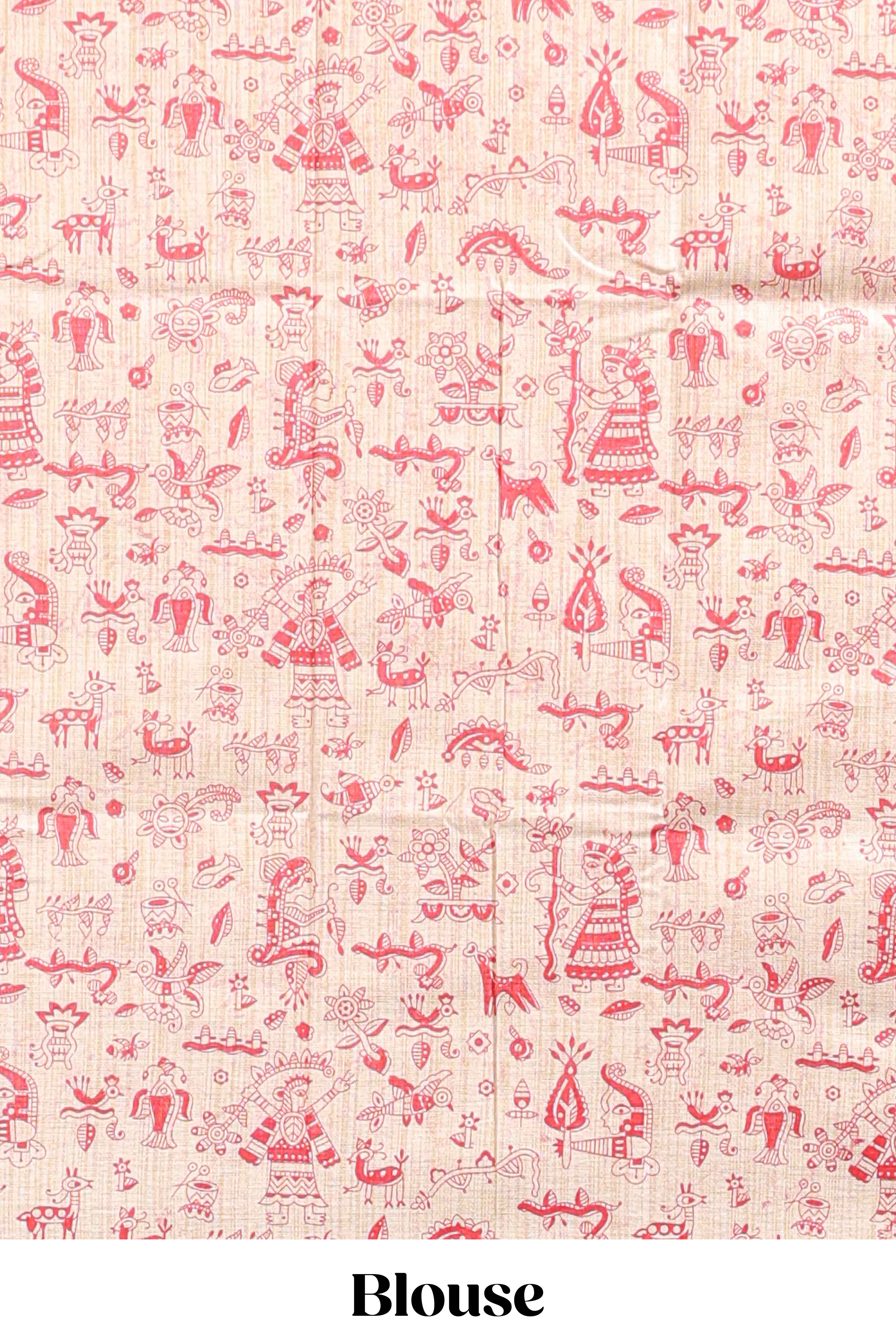 Wine red plain south cotton sarees with contrast warli printed blouse