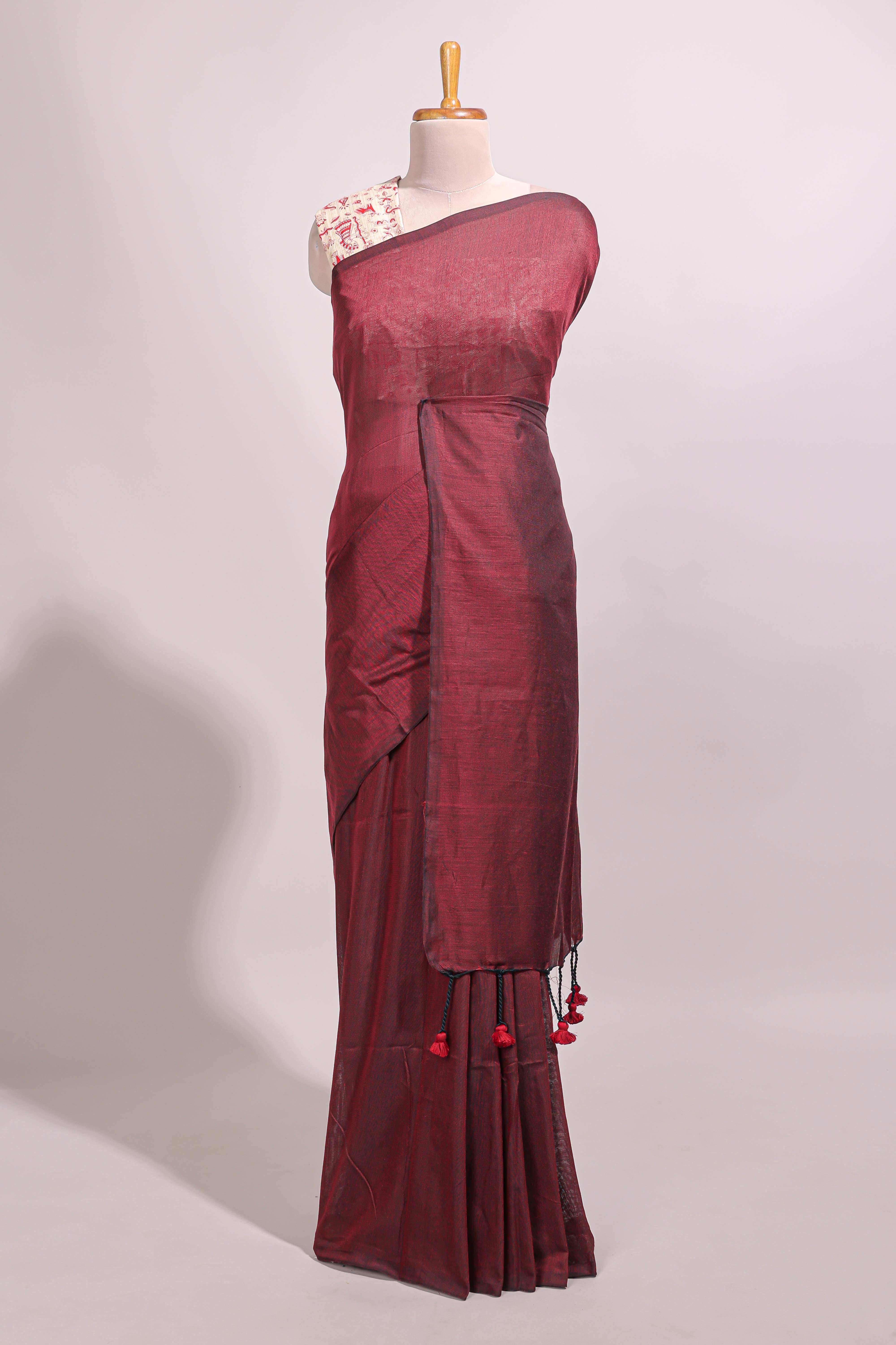Wine red plain south cotton sarees with contrast warli printed blouse