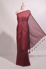 Wine red plain south cotton sarees with contrast warli printed blouse