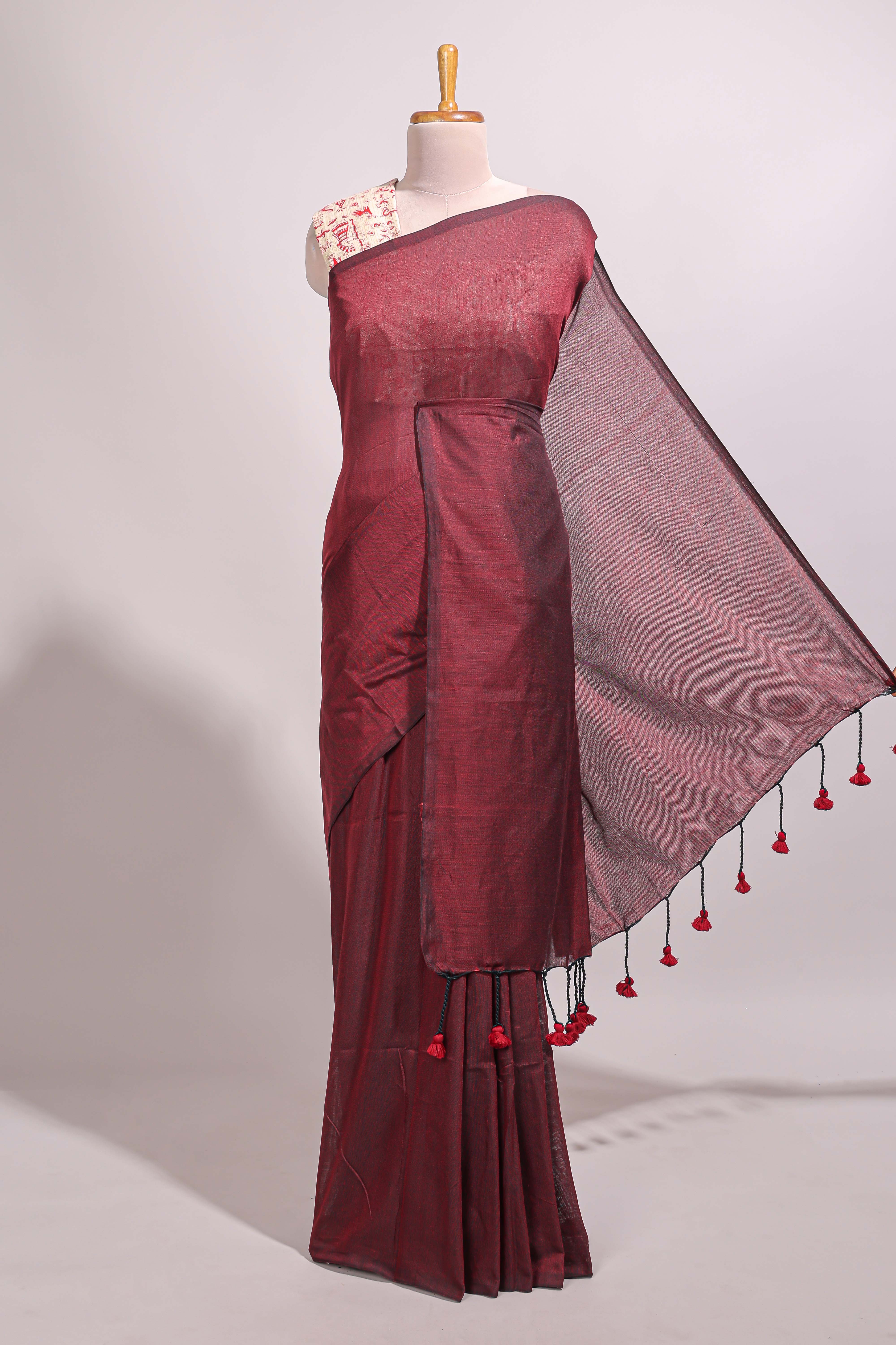Wine red plain south cotton sarees with contrast warli printed blouse