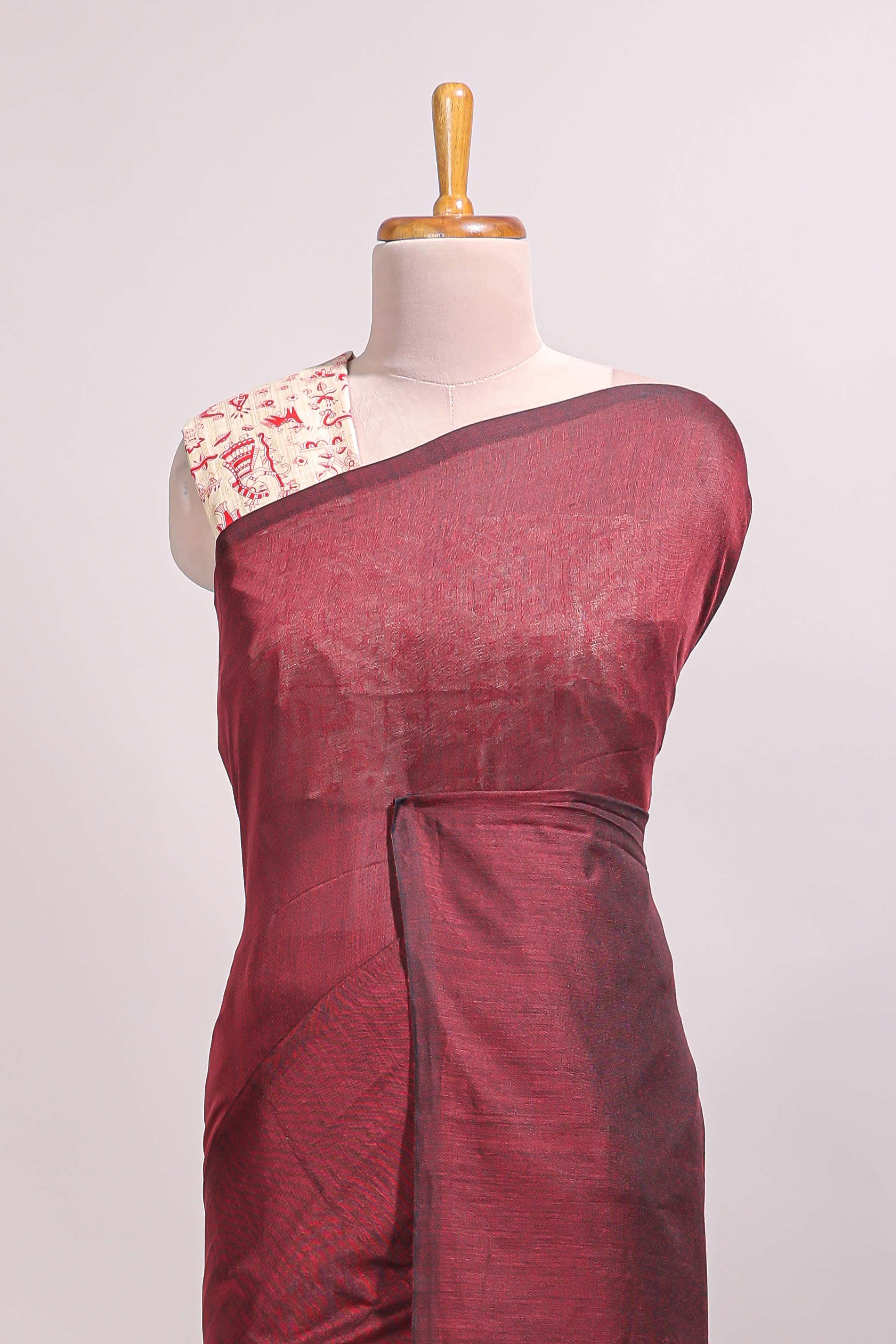 Wine red plain south cotton sarees with contrast warli printed blouse