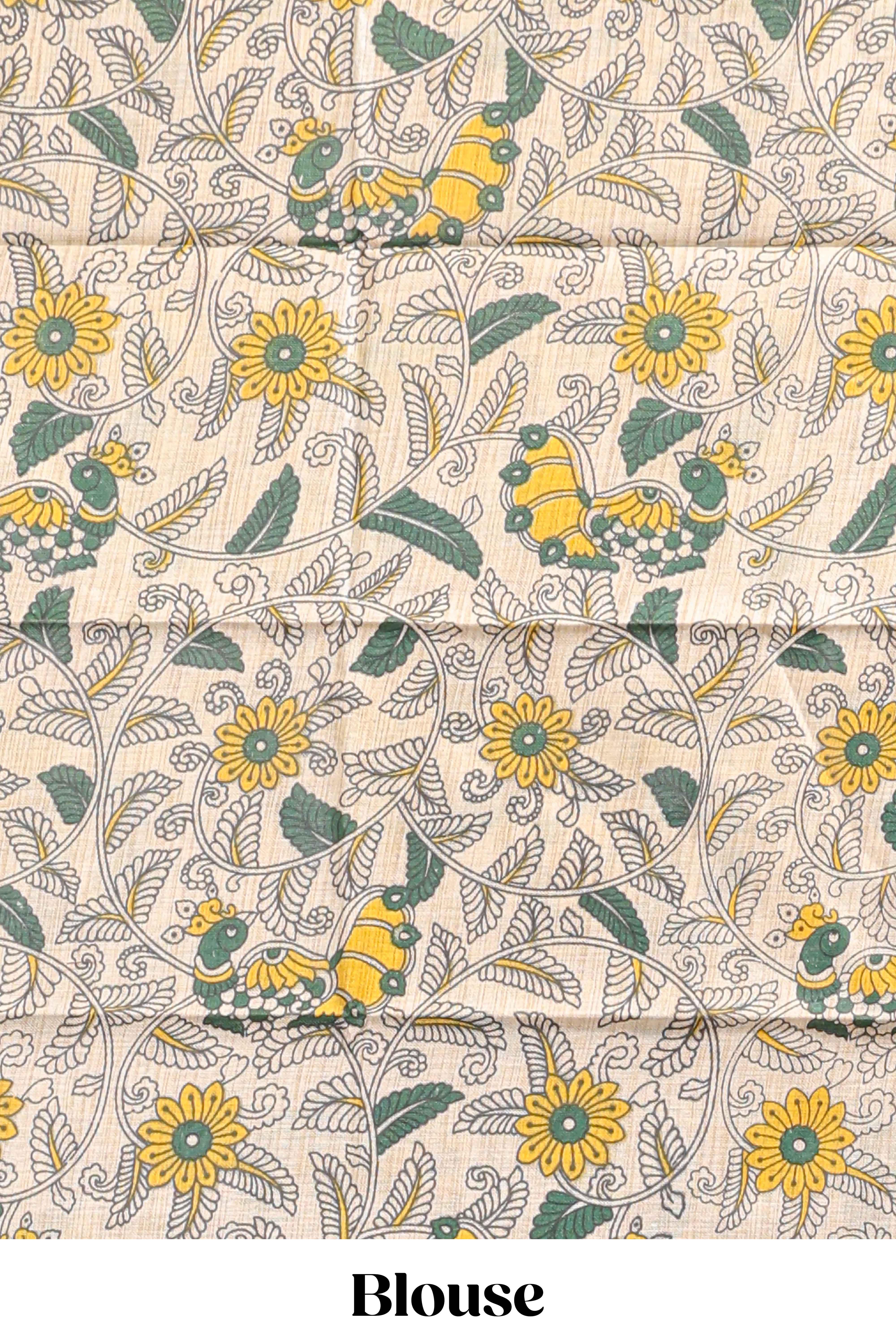 Deep green plain south cotton sarees with contrast floral printed blouse