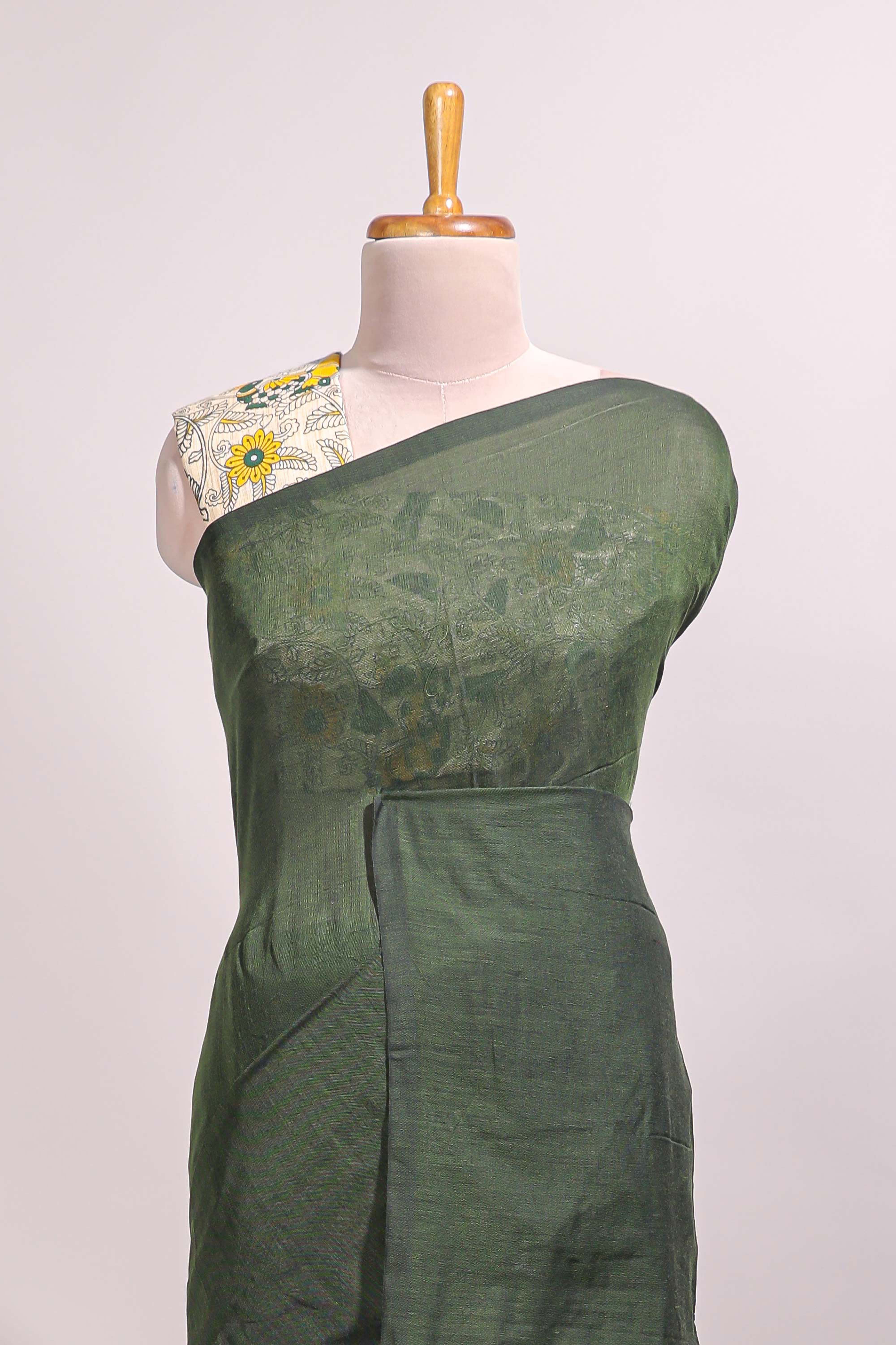 Deep green plain south cotton sarees with contrast floral printed blouse