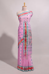 Pastel pink south cotton saree body with woven buttasborder featuring multicolour Ikat patterns woven pallu with a matching blouse