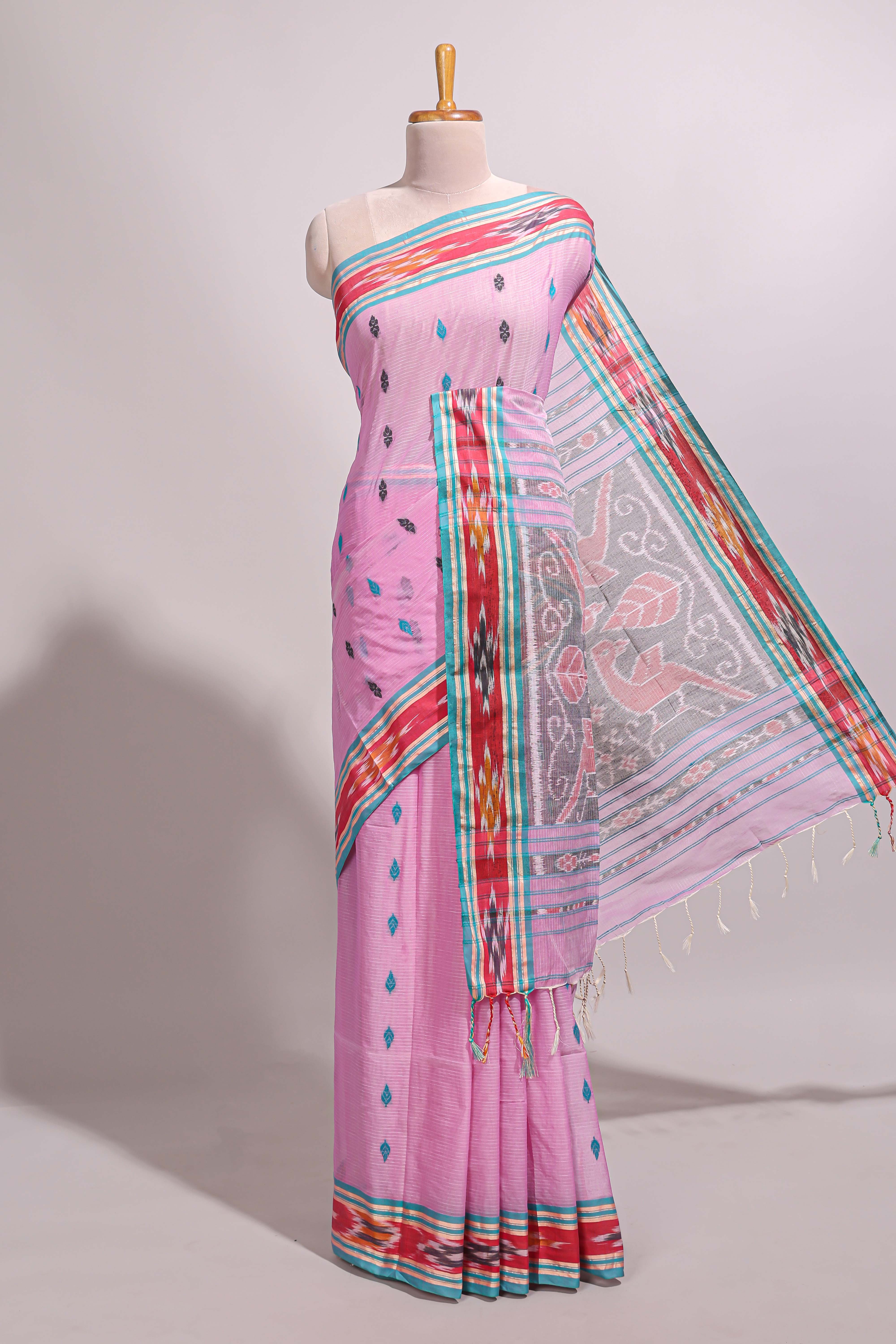Pastel pink south cotton saree body with woven buttasborder featuring multicolour Ikat patterns woven pallu with a matching blouse