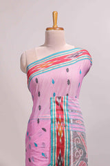Pastel pink south cotton saree body with woven buttasborder featuring multicolour Ikat patterns woven pallu with a matching blouse