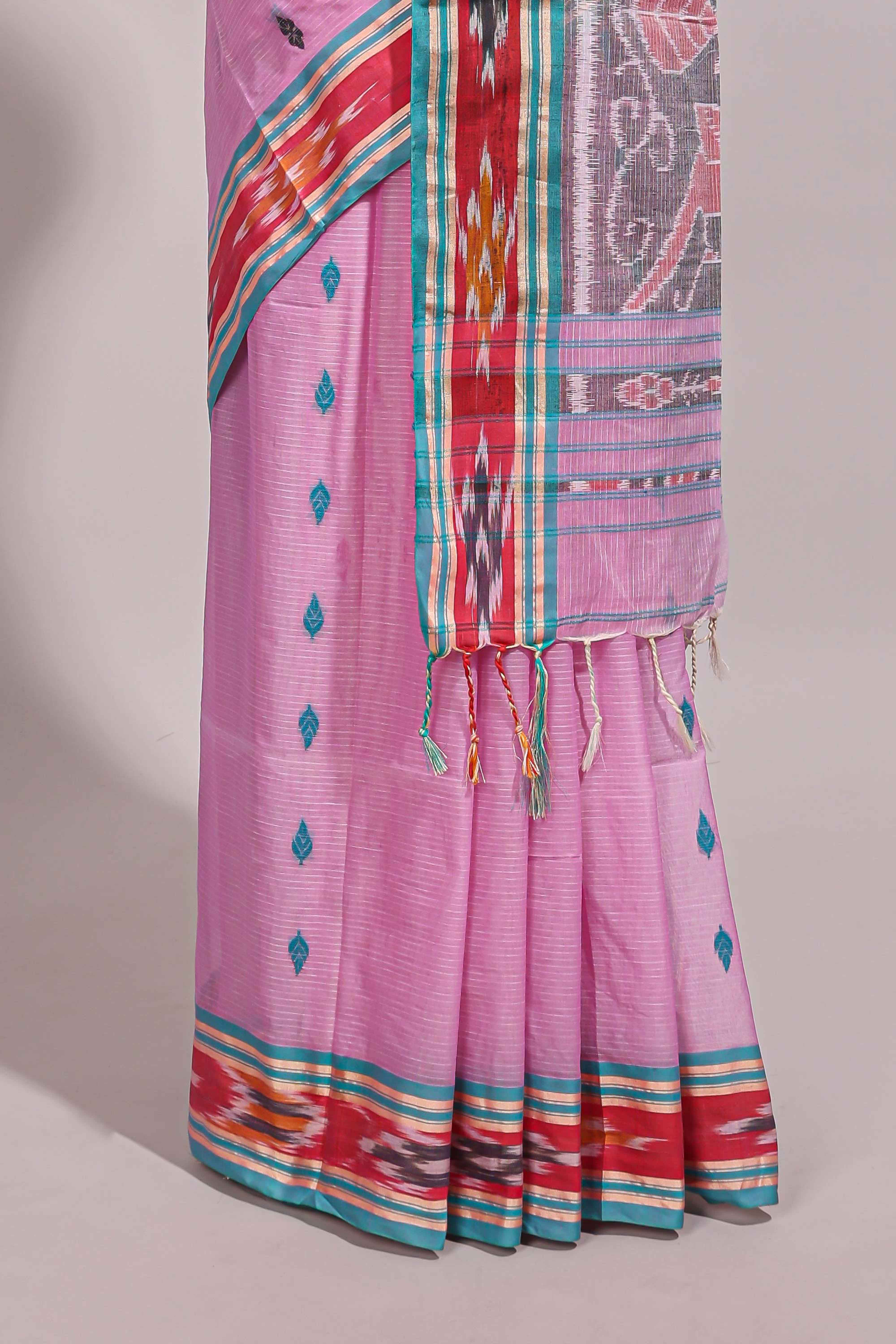 Pastel pink south cotton saree body with woven buttasborder featuring multicolour Ikat patterns woven pallu with a matching blouse