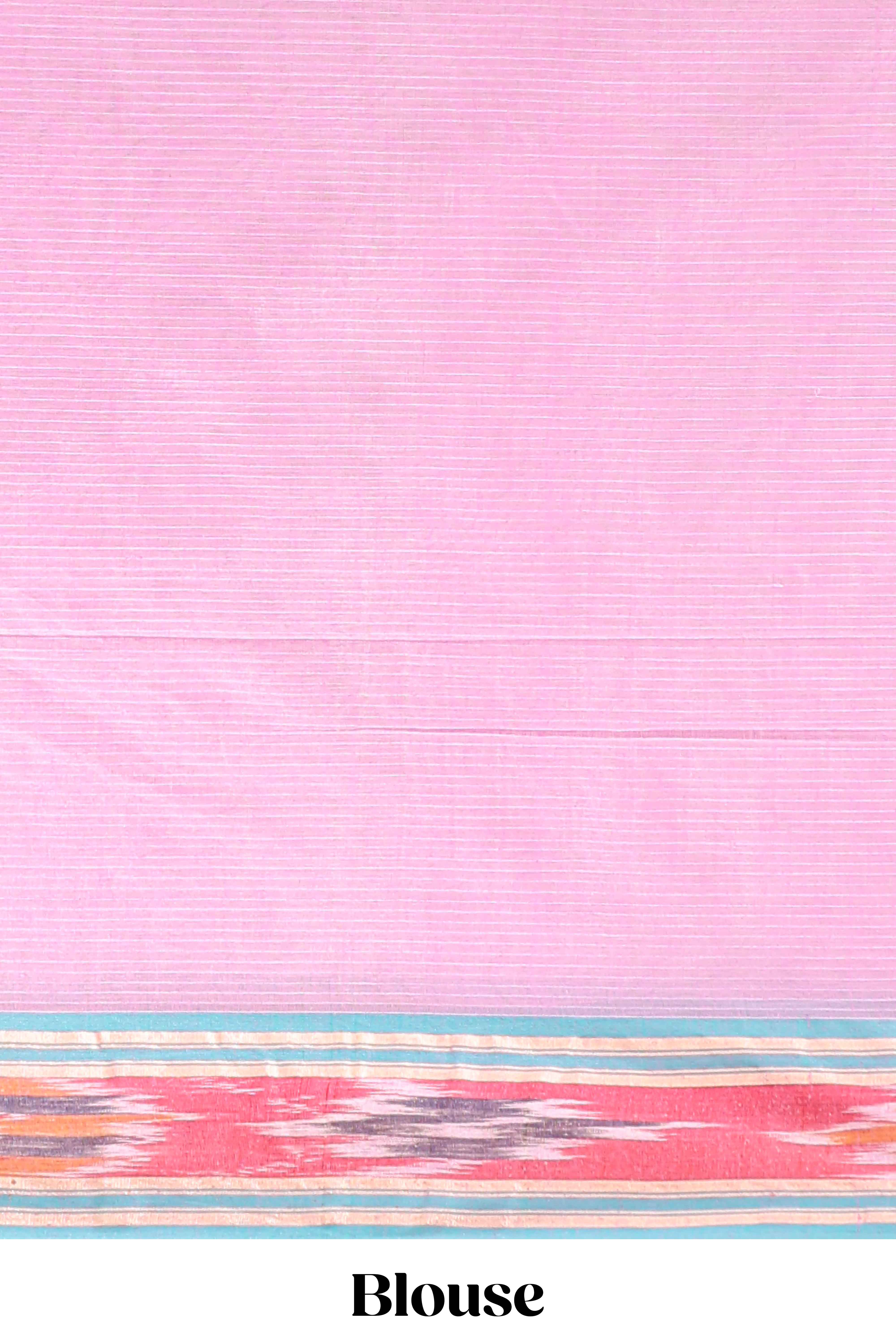 Pastel pink south cotton saree body with woven buttasborder featuring multicolour Ikat patterns woven pallu with a matching blouse