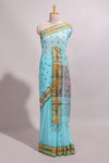 Pastel blue south cotton saree body with woven buttasborder featuring multicolour Ikat patterns woven pallu with a matching blouse