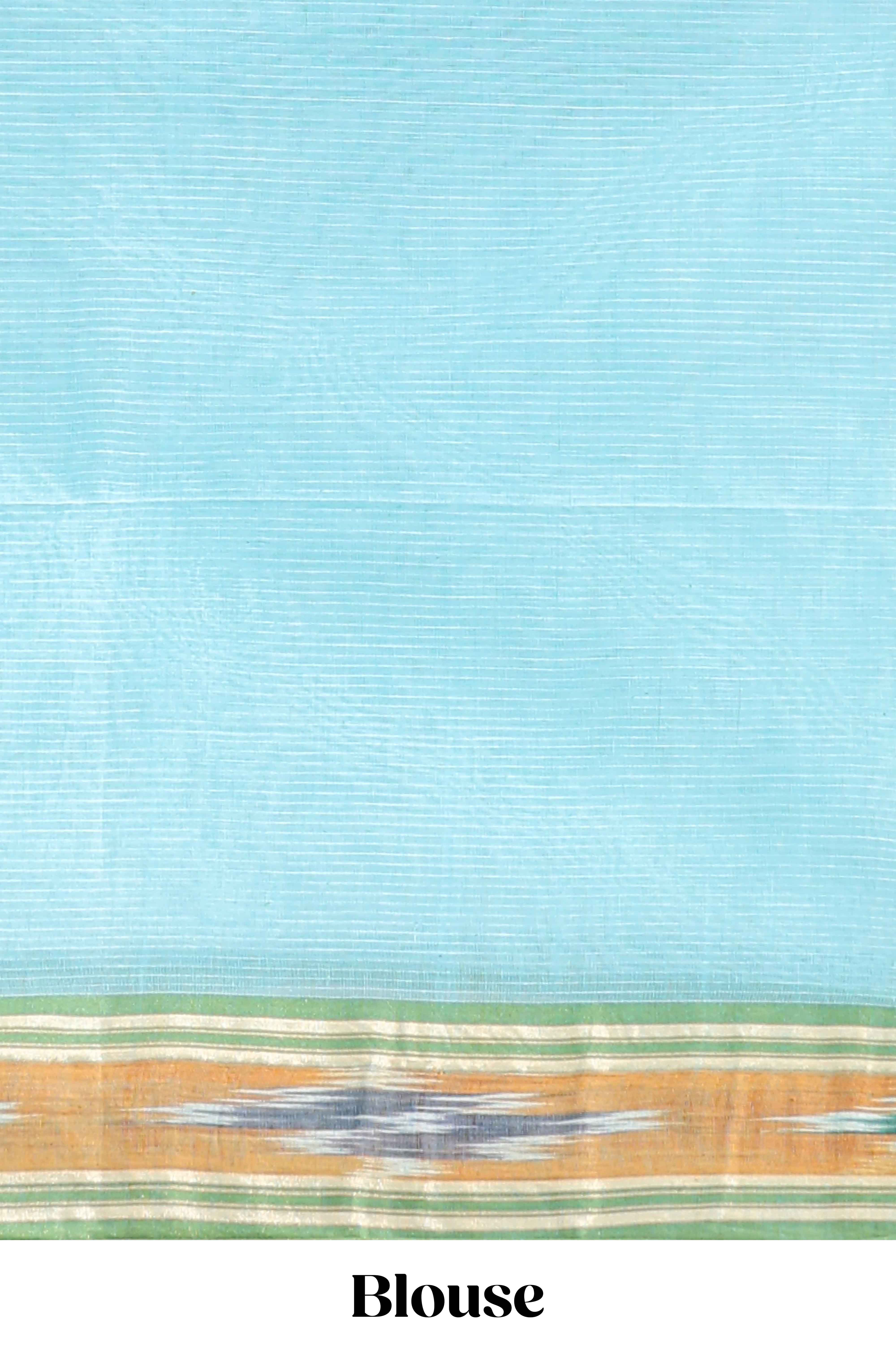 Pastel blue south cotton saree body with woven buttasborder featuring multicolour Ikat patterns woven pallu with a matching blouse