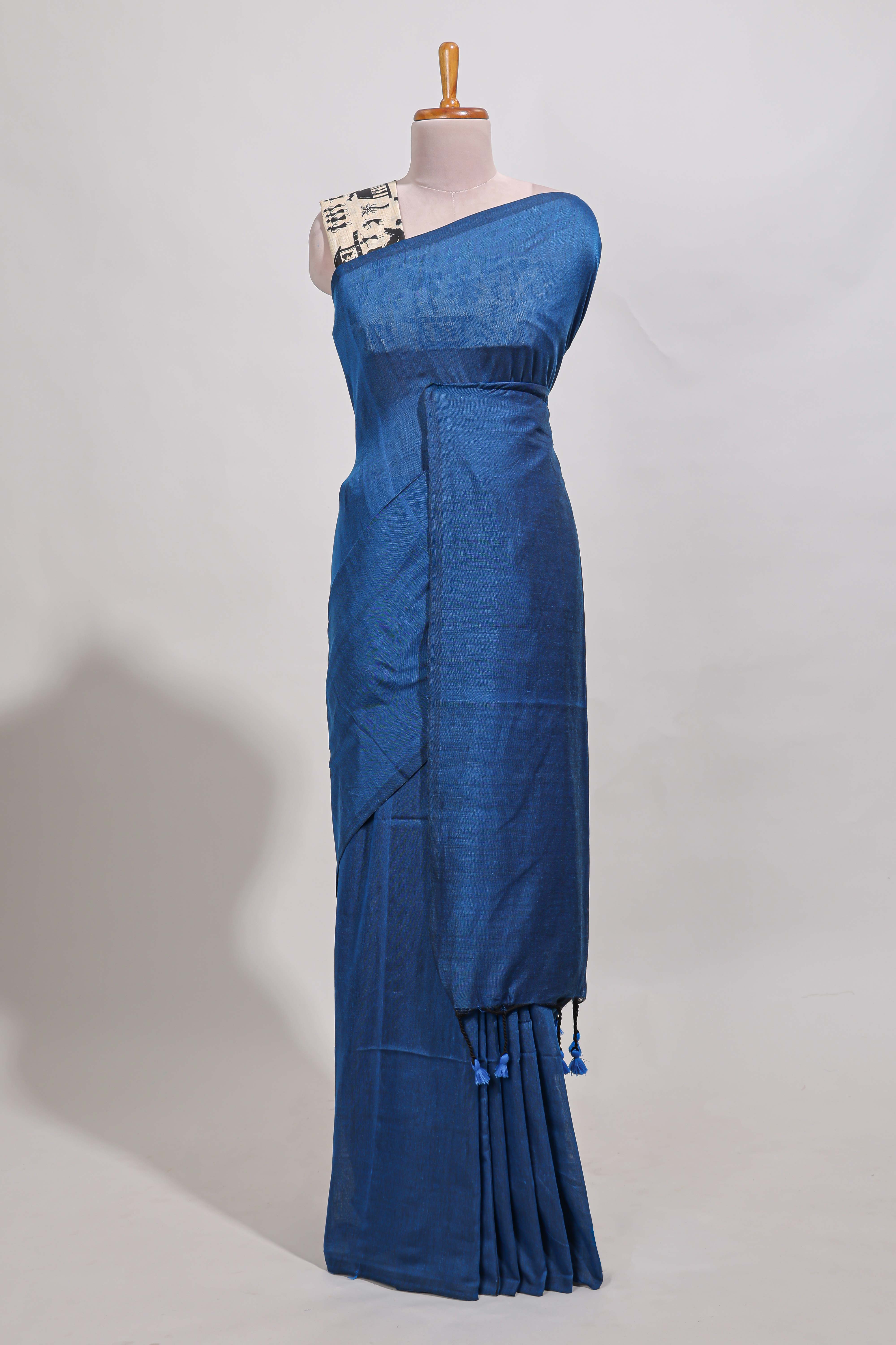 Navy blue plain south cotton sarees with contrastwarli printed blouse