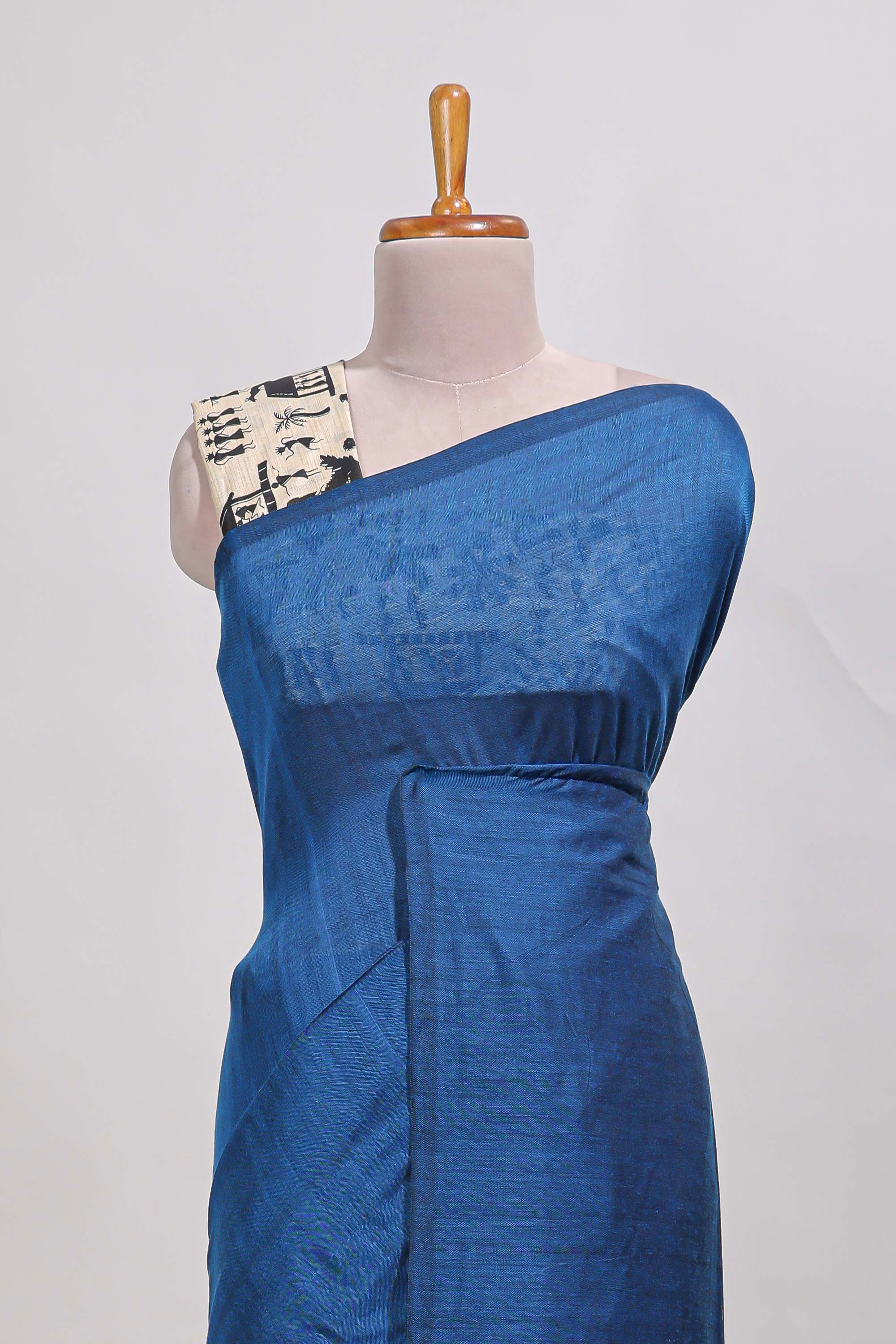 Navy blue plain south cotton sarees with contrastwarli printed blouse