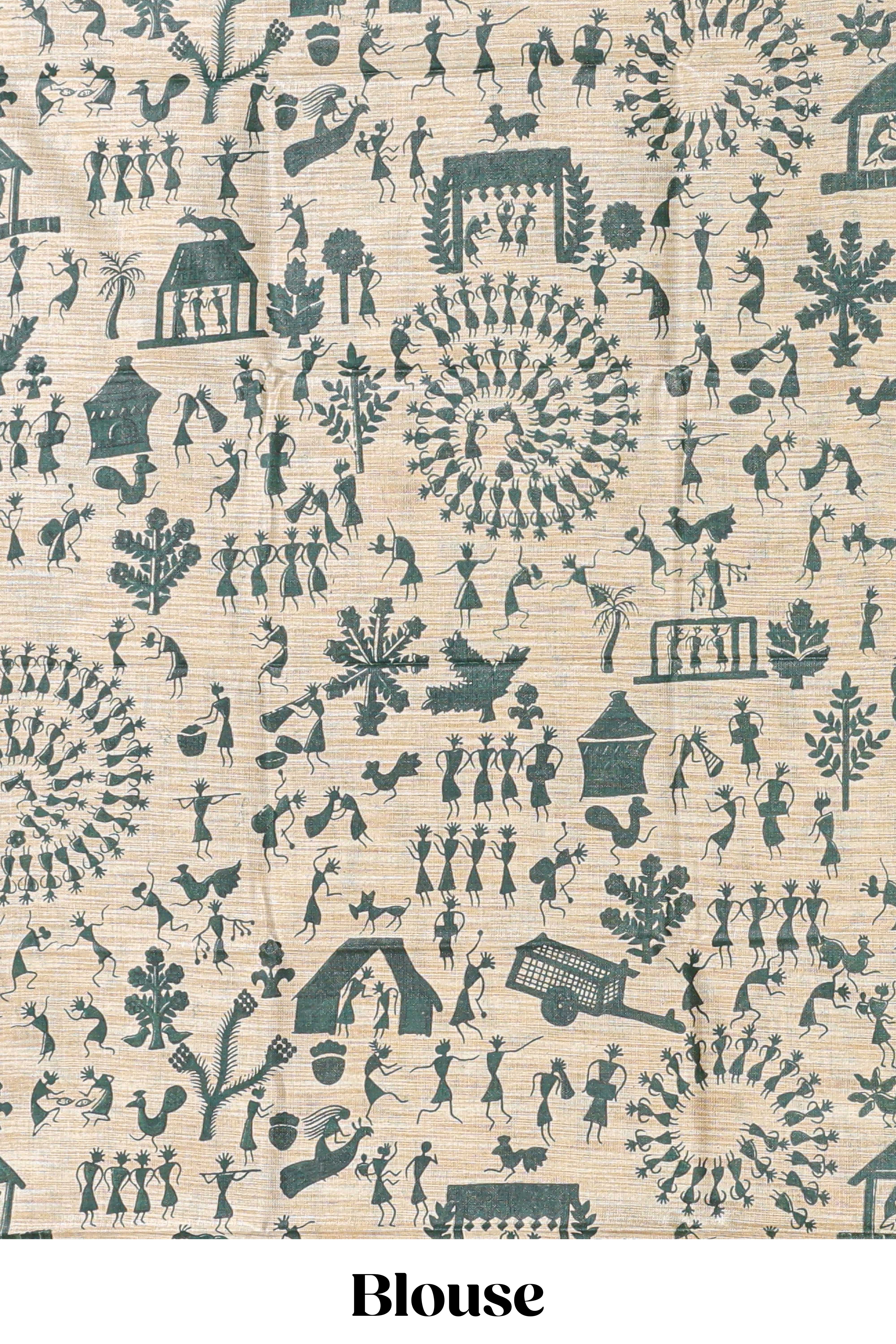 Navy blue plain south cotton sarees with contrastwarli printed blouse