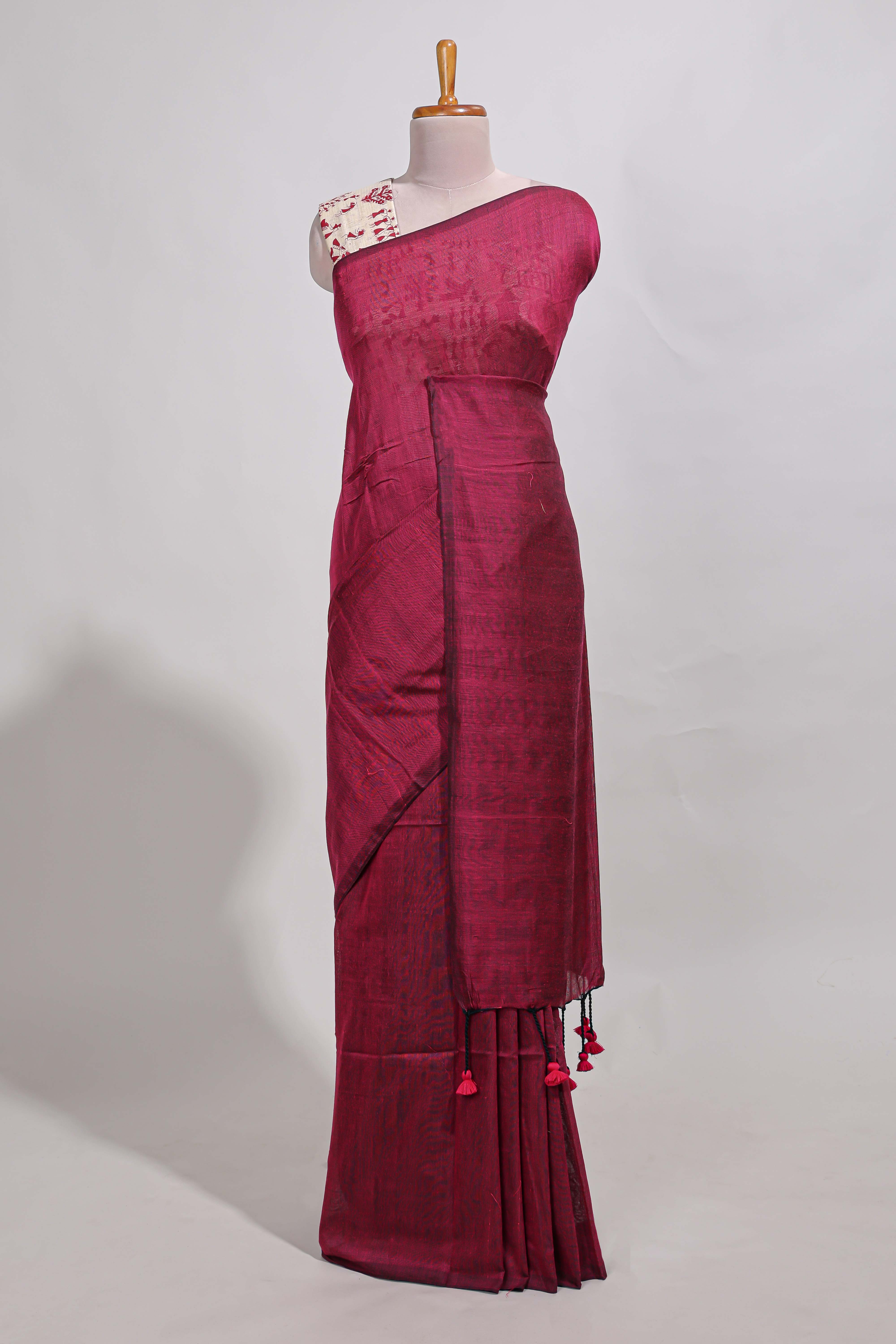 Rani pinkplain south cotton sarees with contrastwarli printed blouse