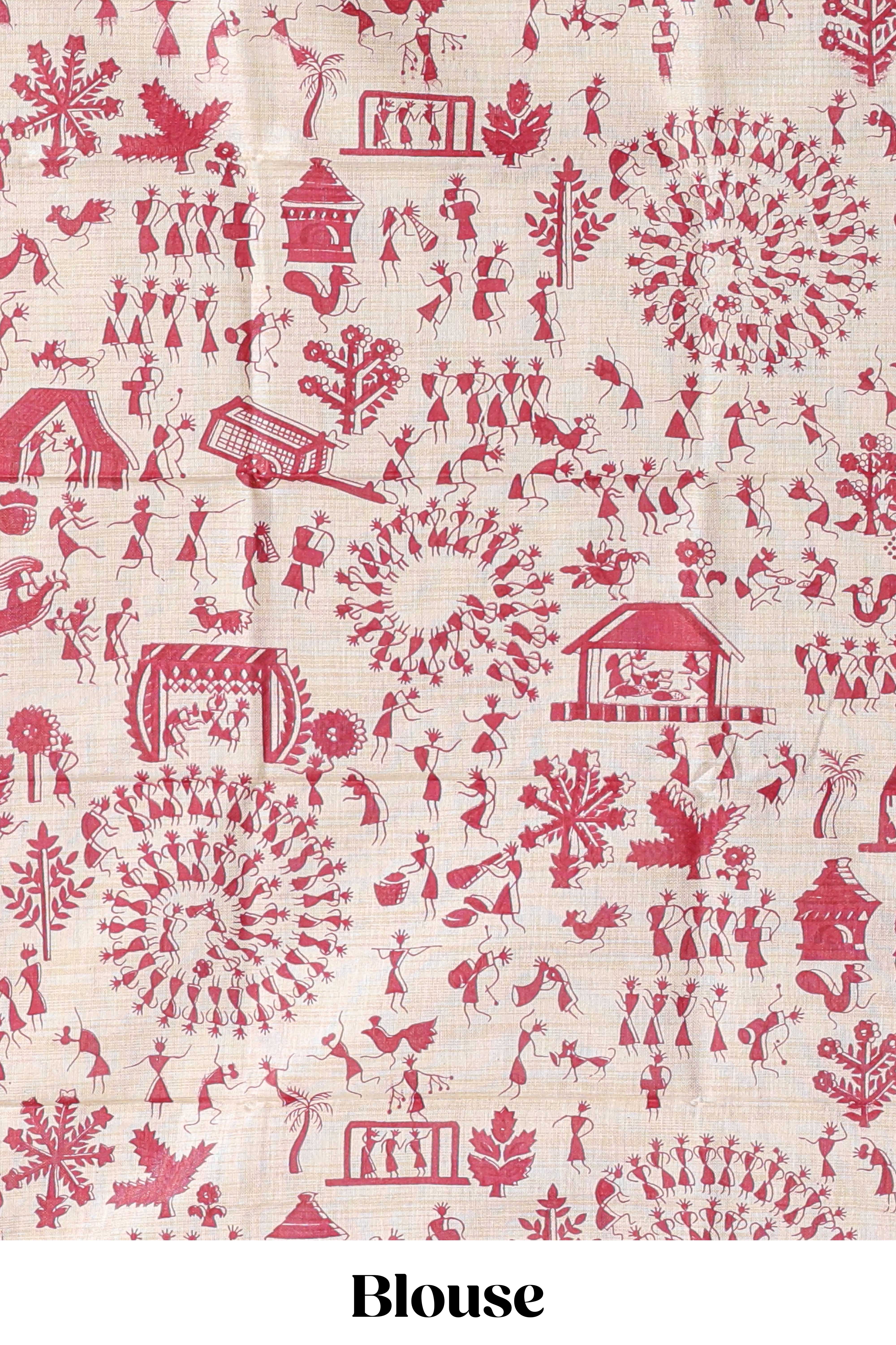 Rani pinkplain south cotton sarees with contrastwarli printed blouse