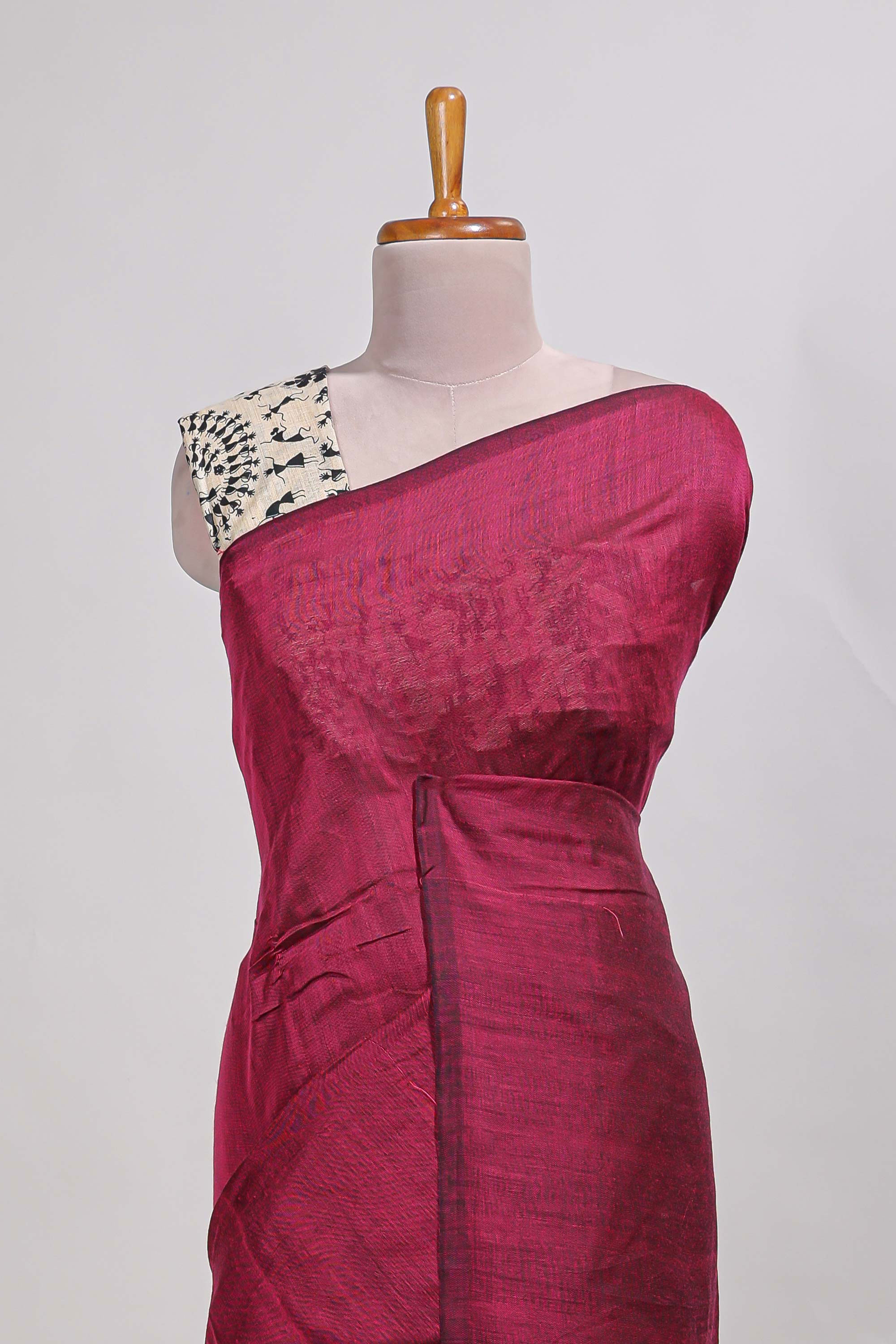 Rani pinkplain south cotton sarees with contrastwarli printed blouse