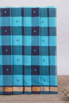 Blue cheked floral motifs design south cotton saree with self zari border and matching pallu
