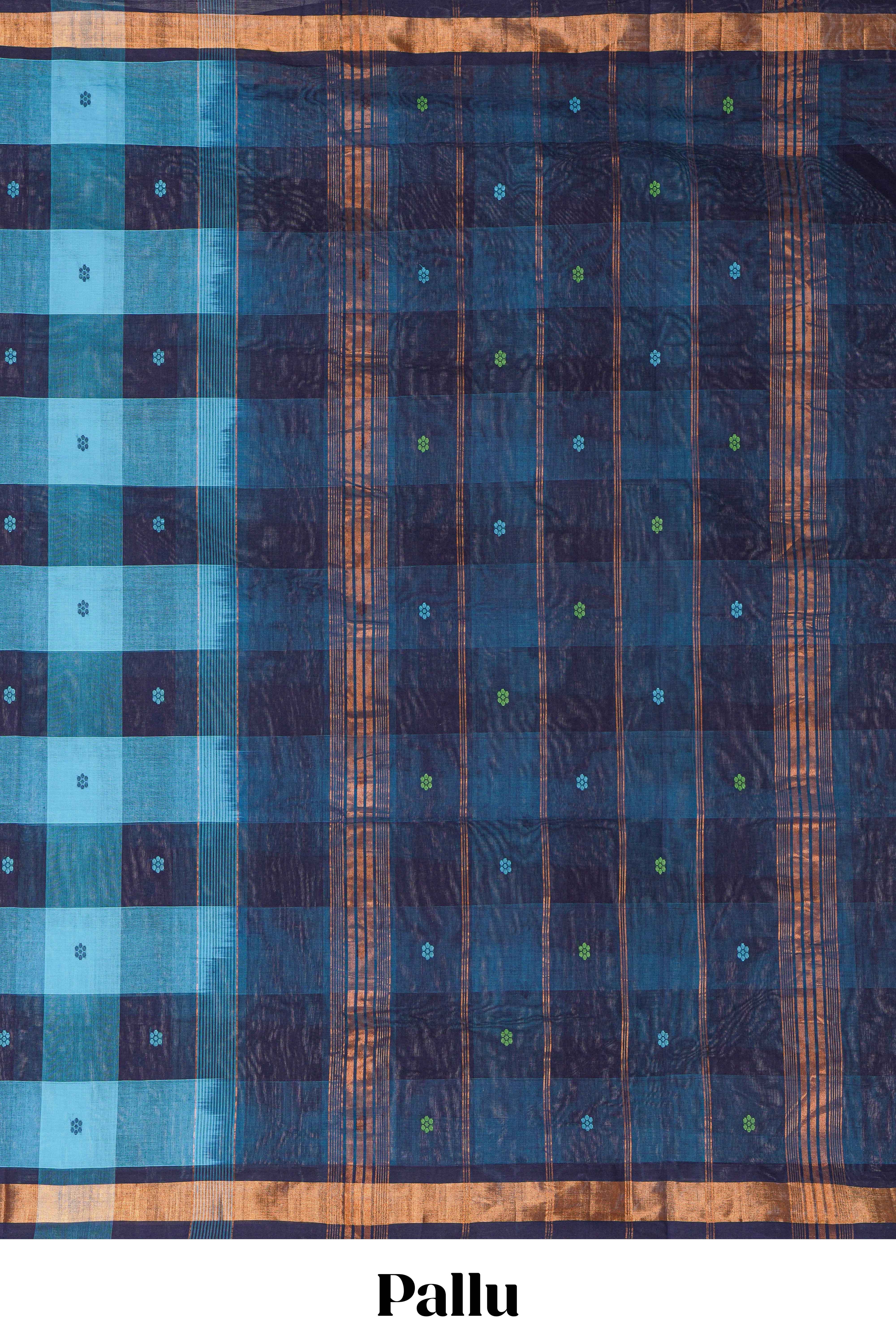 Blue cheked floral motifs design south cotton saree with self zari border and matching pallu
