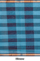 Blue cheked floral motifs design south cotton saree with self zari border and matching pallu