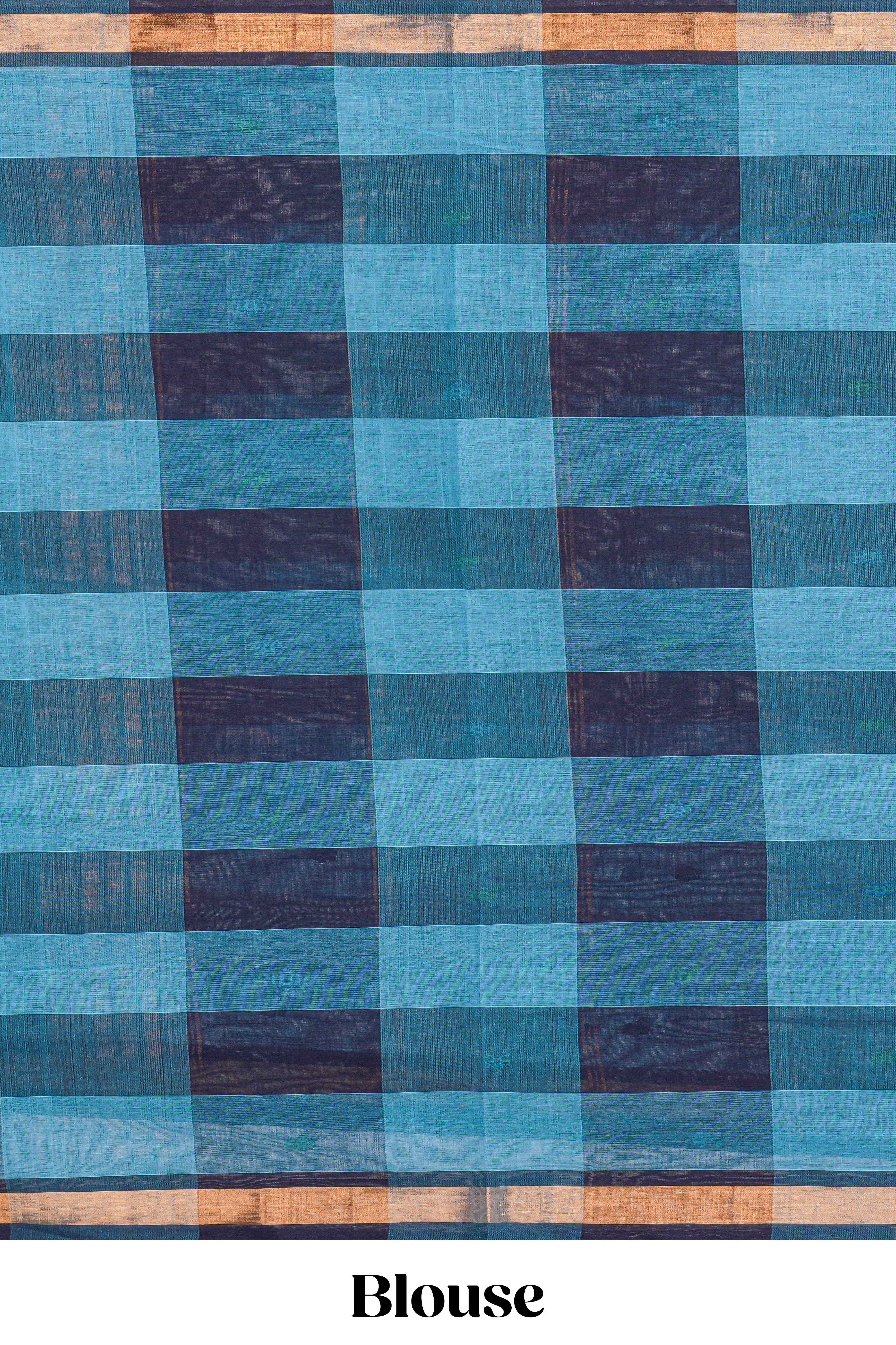 Blue cheked floral motifs design south cotton saree with self zari border and matching pallu