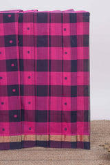 Pink cheked floral motifs design south cotton saree with self zari border and matching pallu