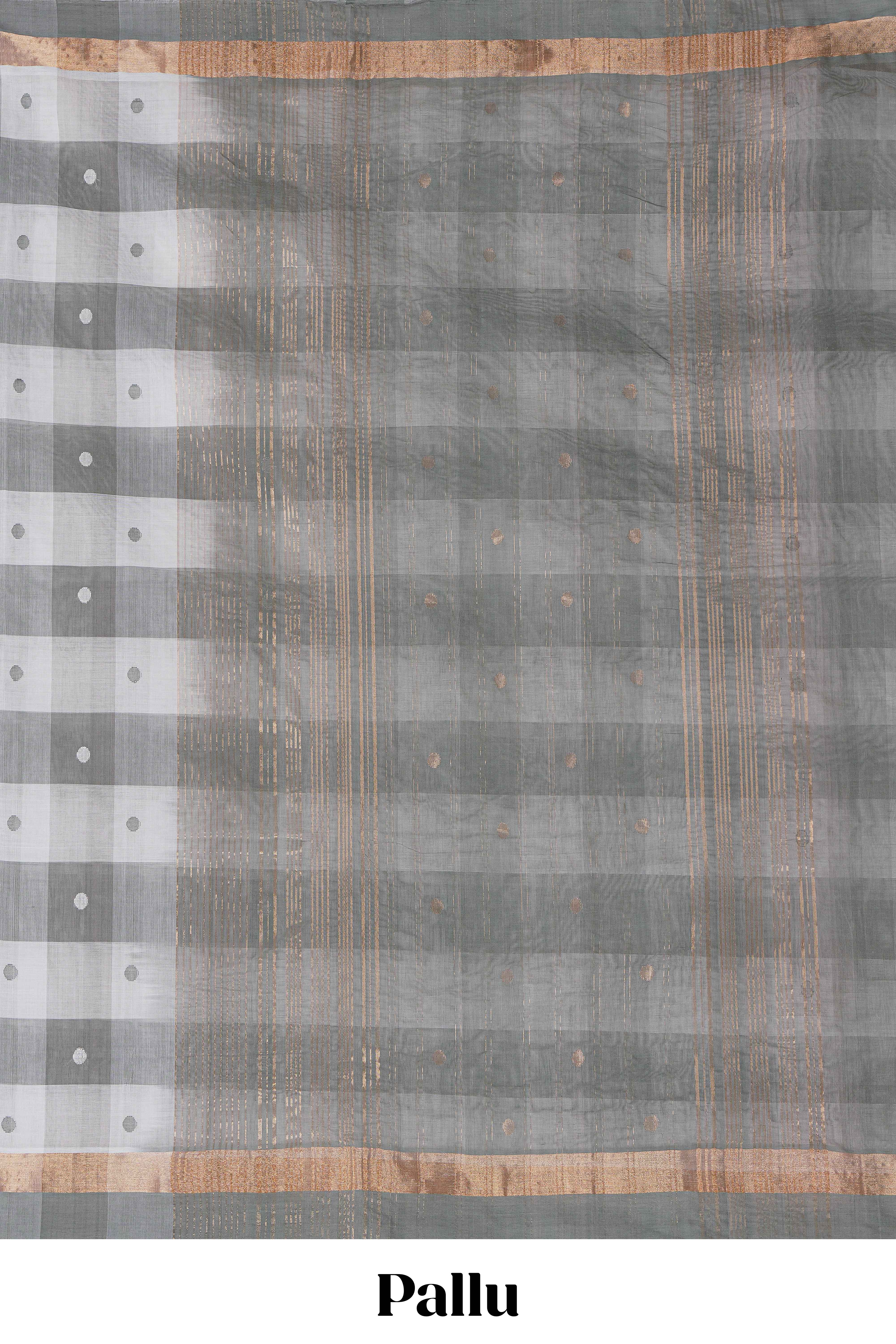 Grey cheked floral motifs design south cotton saree with self zari border and matching pallu