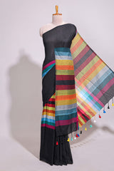 Multi color striped south cotton sarees with contrast border and matching blouse