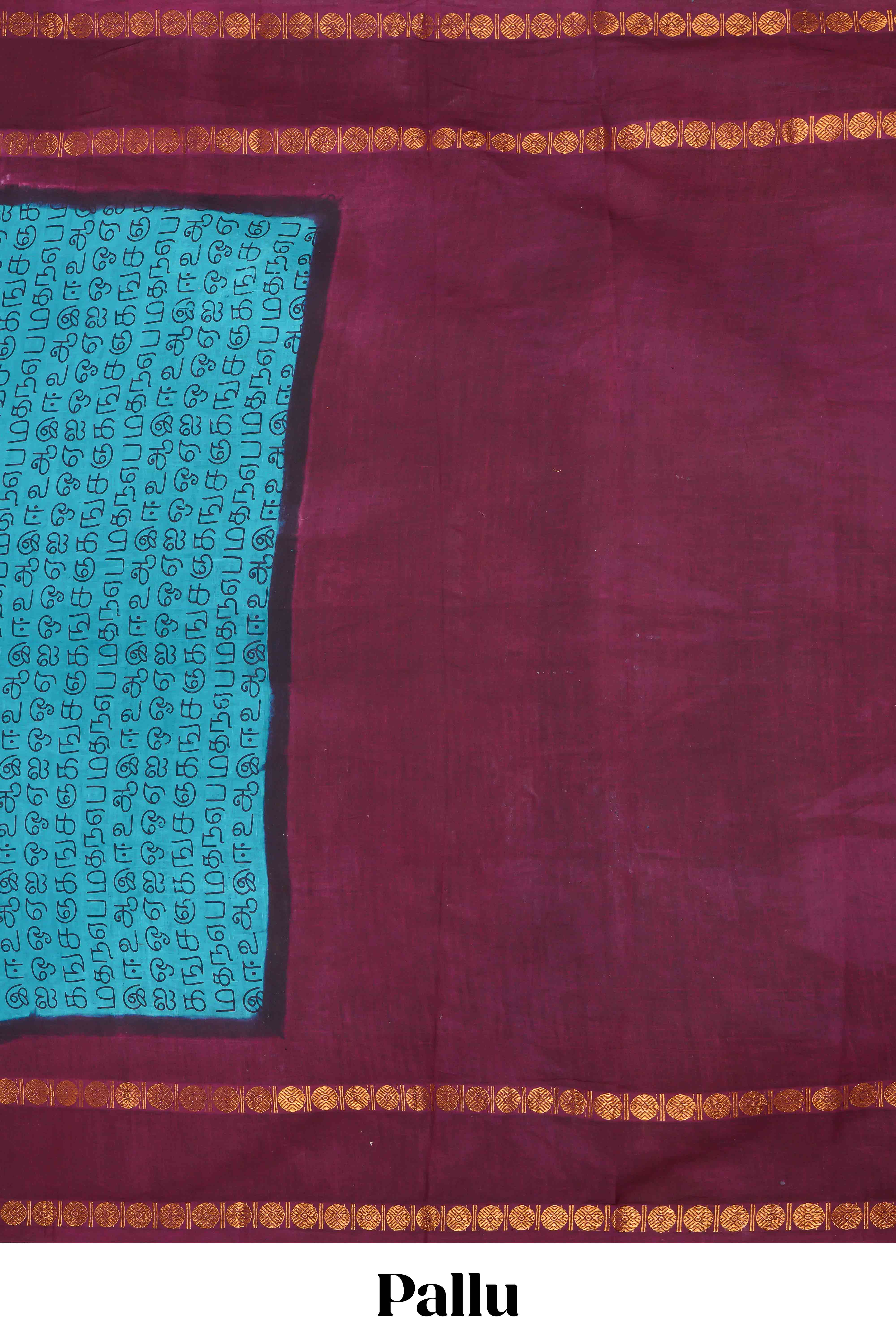 Turquiose blue tamil script print sungudi cotton saree with contrast zari bentex border and pallu