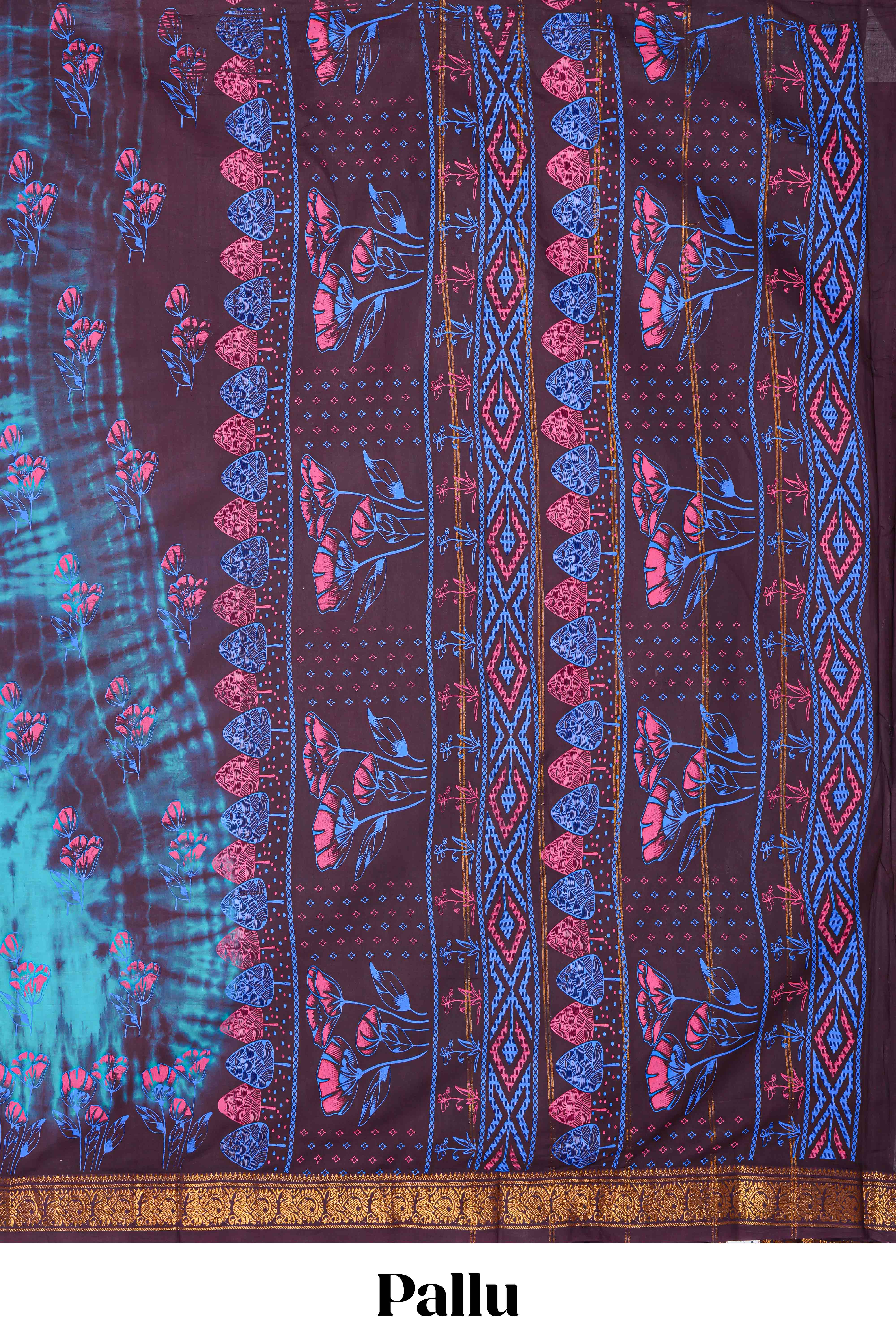 Turquiose blue with brown floral design shibori print sungudi cotton saree with contrast zari bentex border and pallu