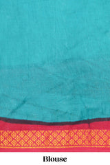 Elegant turquoise blue Sungudi cotton saree with contrast temple inspired pattern border and contrast pallu along with matching blouse