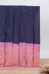 Elegant navy blue Sungudi cotton saree with contrast temple inspired pattern border and contrast pallu along with matching blouse