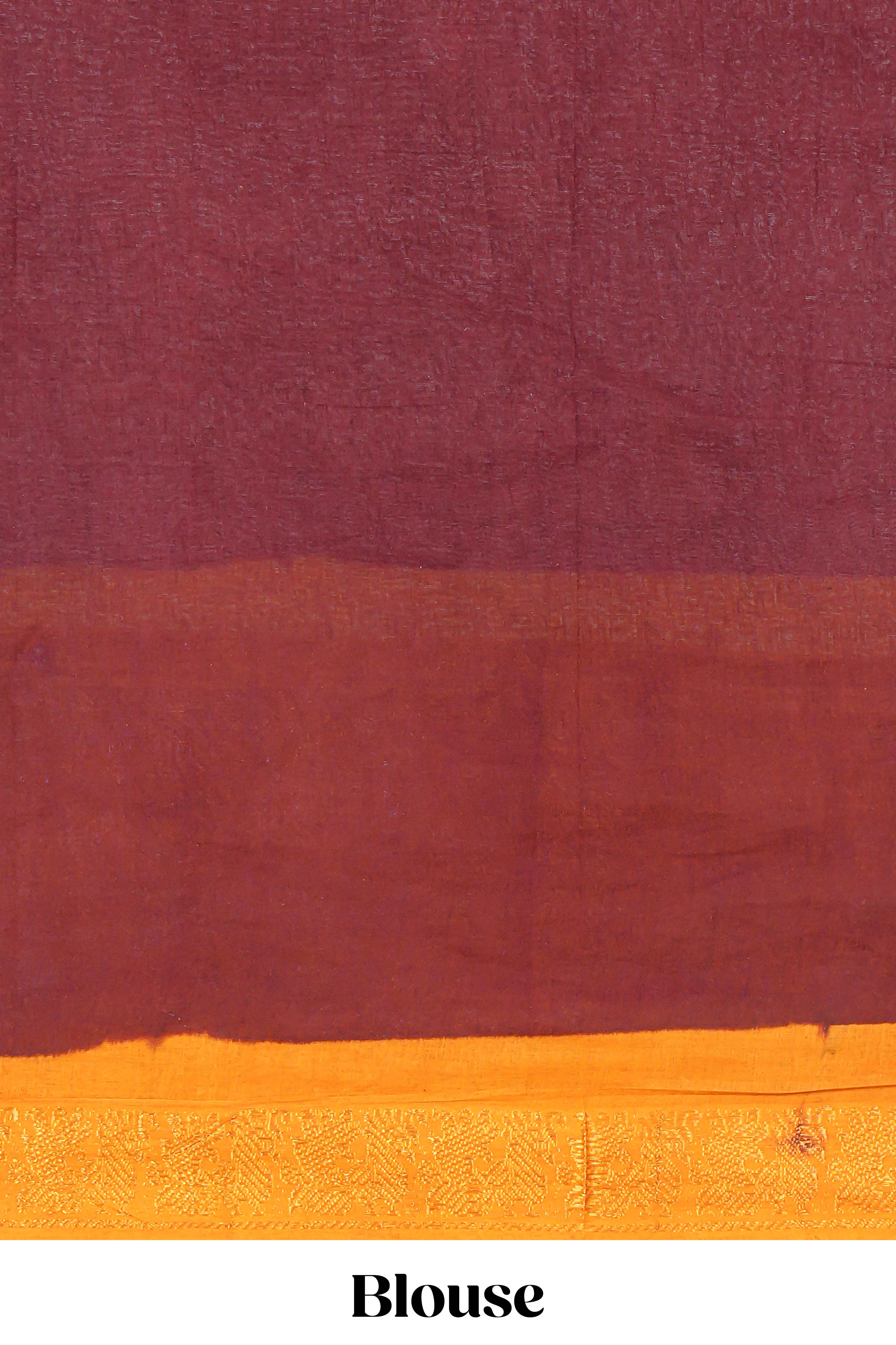 Elegant maroon Sungudi cotton saree with contrast temple inspired pattern border and contrast pallu along with matching blouse