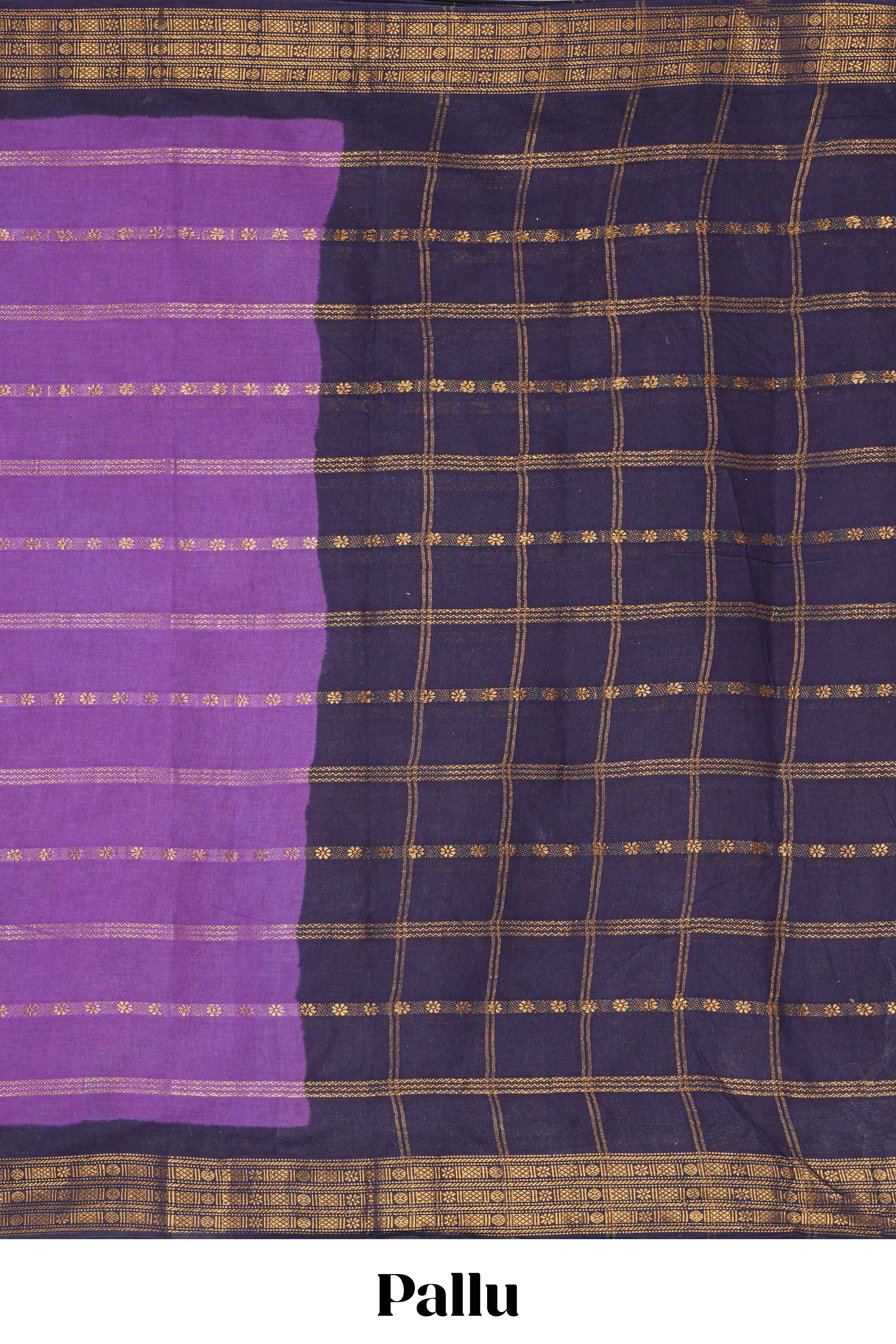 Purple Sungudi cotton saree with gold zari stripe motifs a contrastingzari border checked pallu and contrast blouse