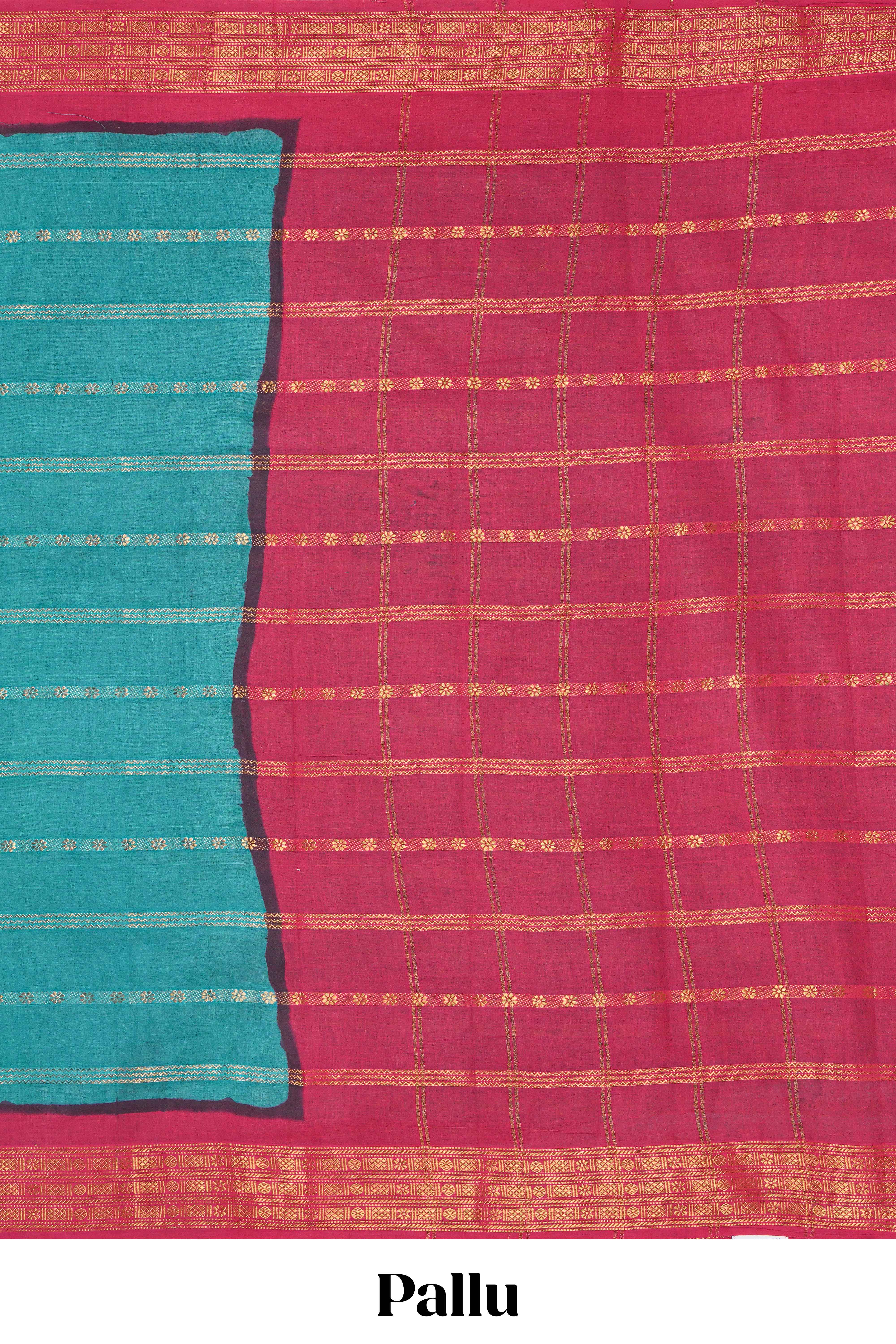 Rama green Sungudi cotton saree with gold zari stripe motifs a contrastingzari border checked pallu and contrast blouse