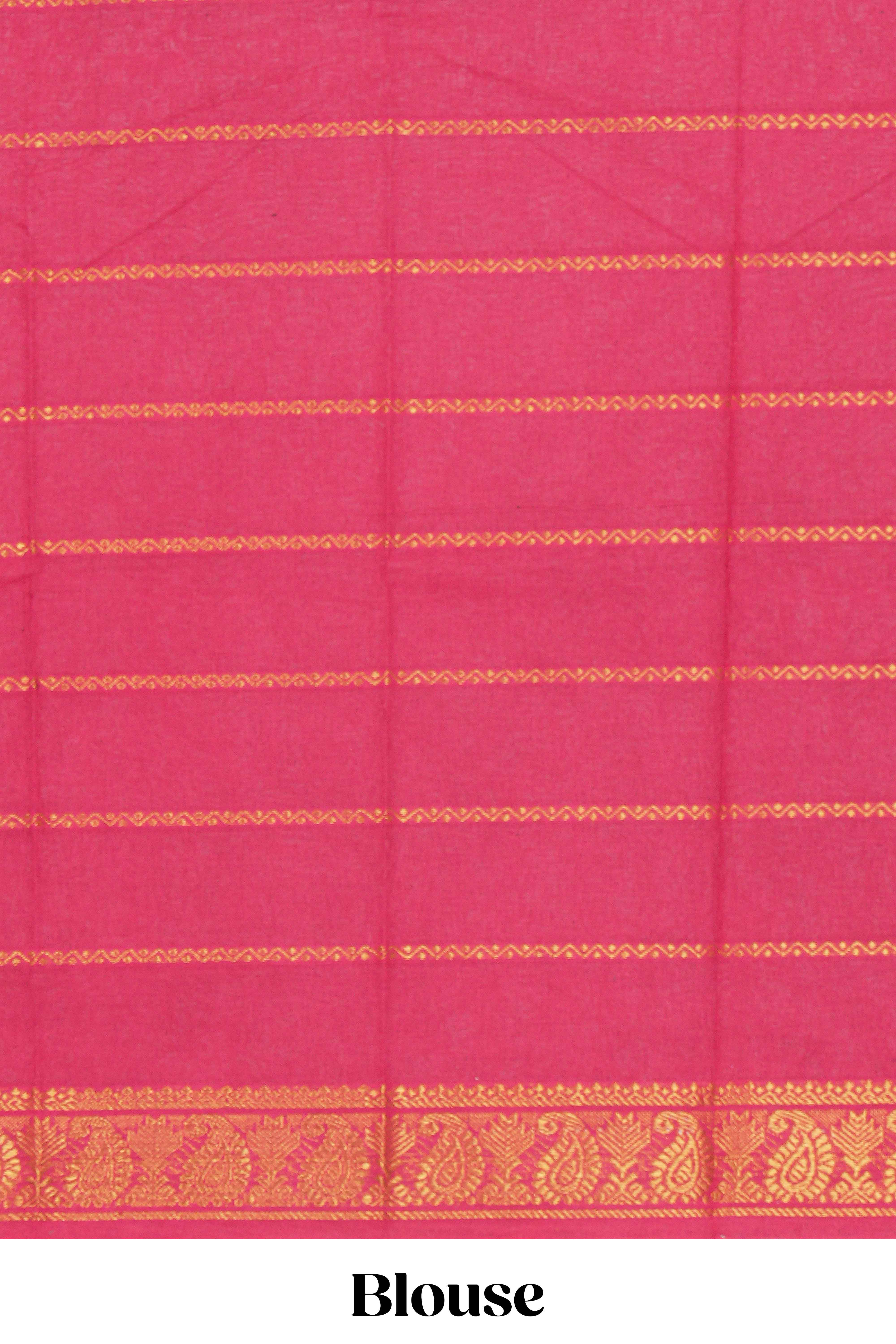 Rama green Sungudi cotton saree with gold zari stripe motifs a contrastingzari border checked pallu and contrast blouse