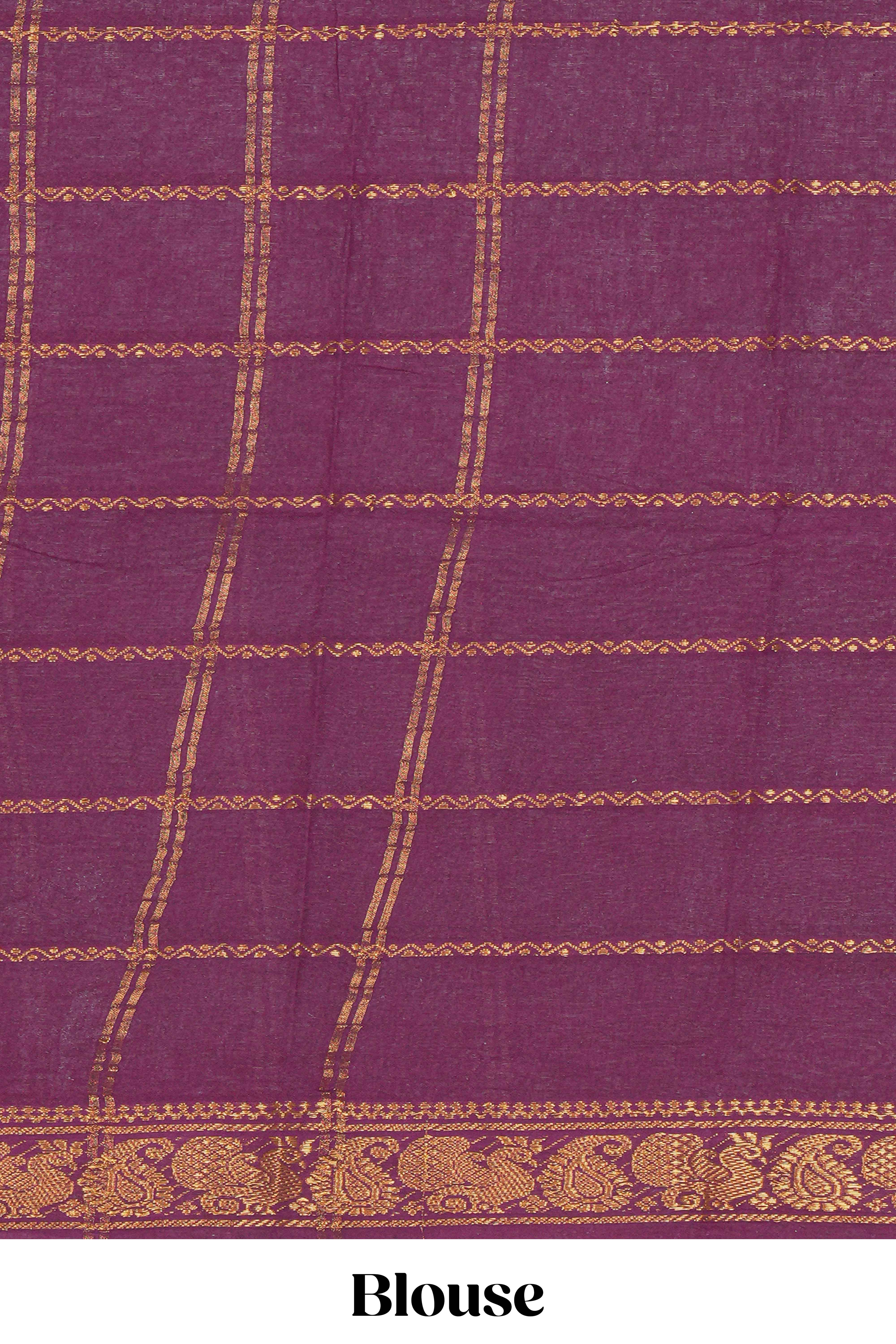 Violet Sungudi cotton saree with gold zari stripe motifs a contrastingzari border checked pallu and contrast blouse