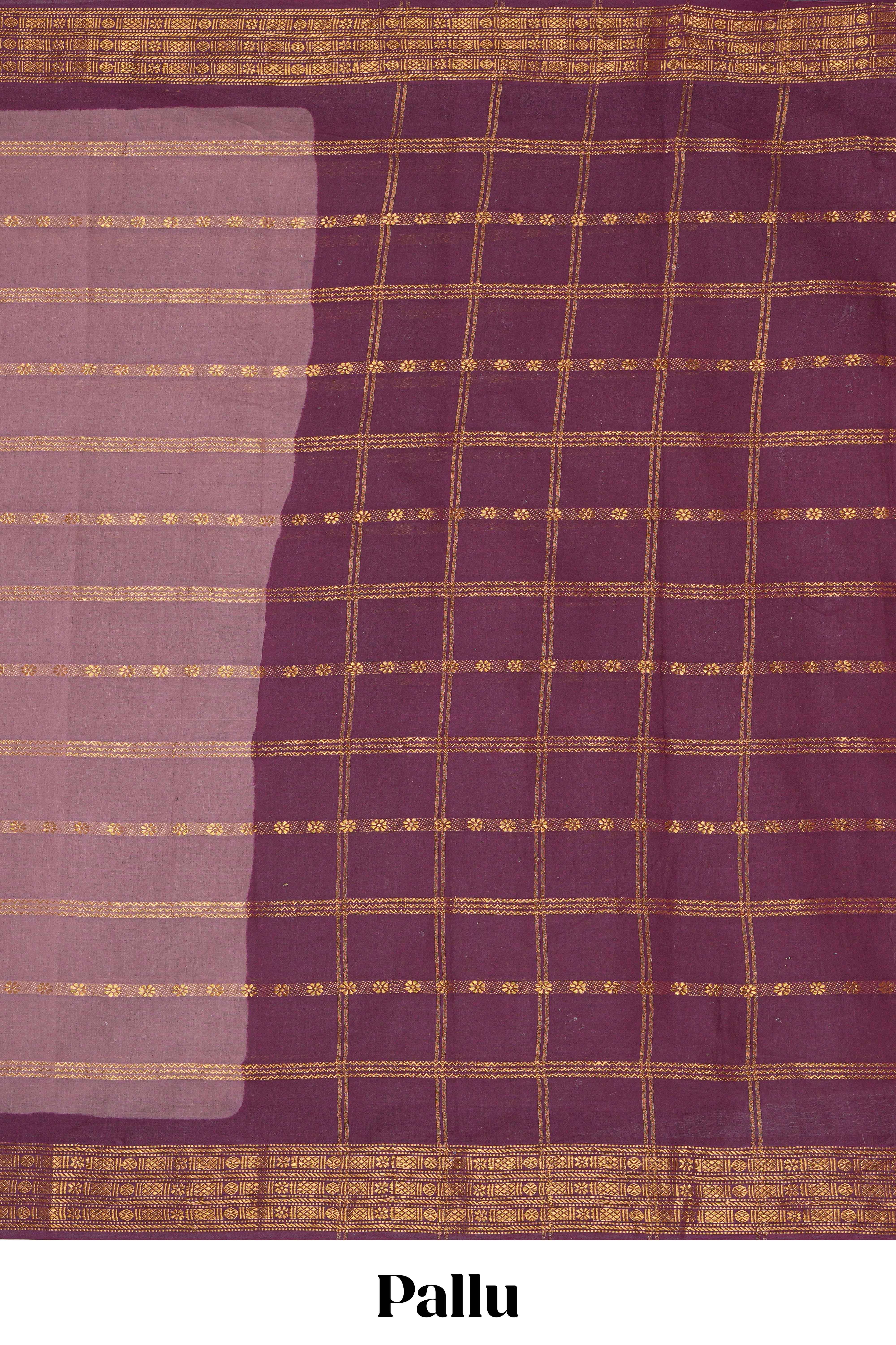 Dark peach Sungudi cotton saree with gold zari stripe motifs a contrastingzari border checked pallu and contrast blouse