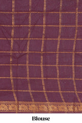 Dark peach Sungudi cotton saree with gold zari stripe motifs a contrastingzari border checked pallu and contrast blouse