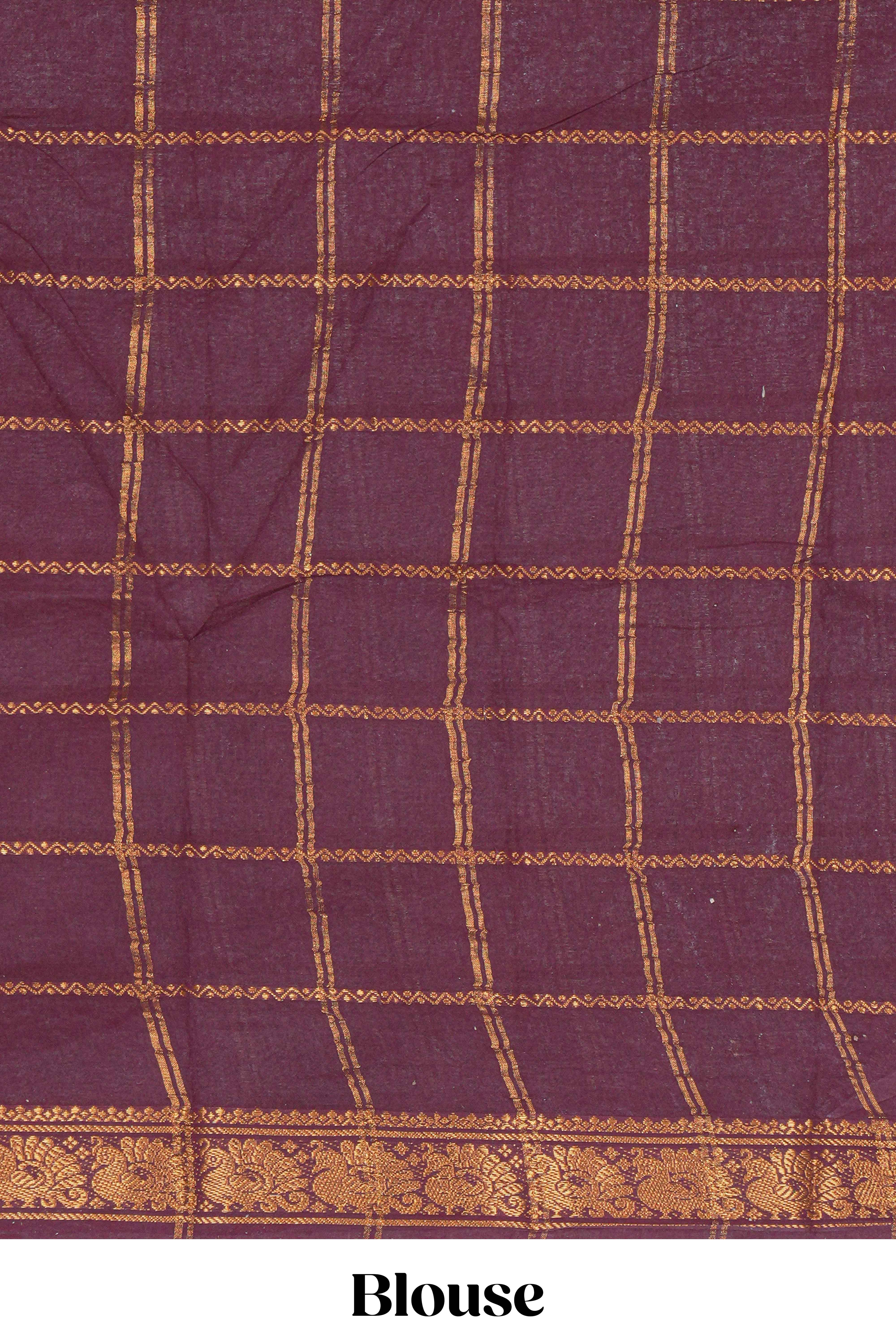 Dark peach Sungudi cotton saree with gold zari stripe motifs a contrastingzari border checked pallu and contrast blouse