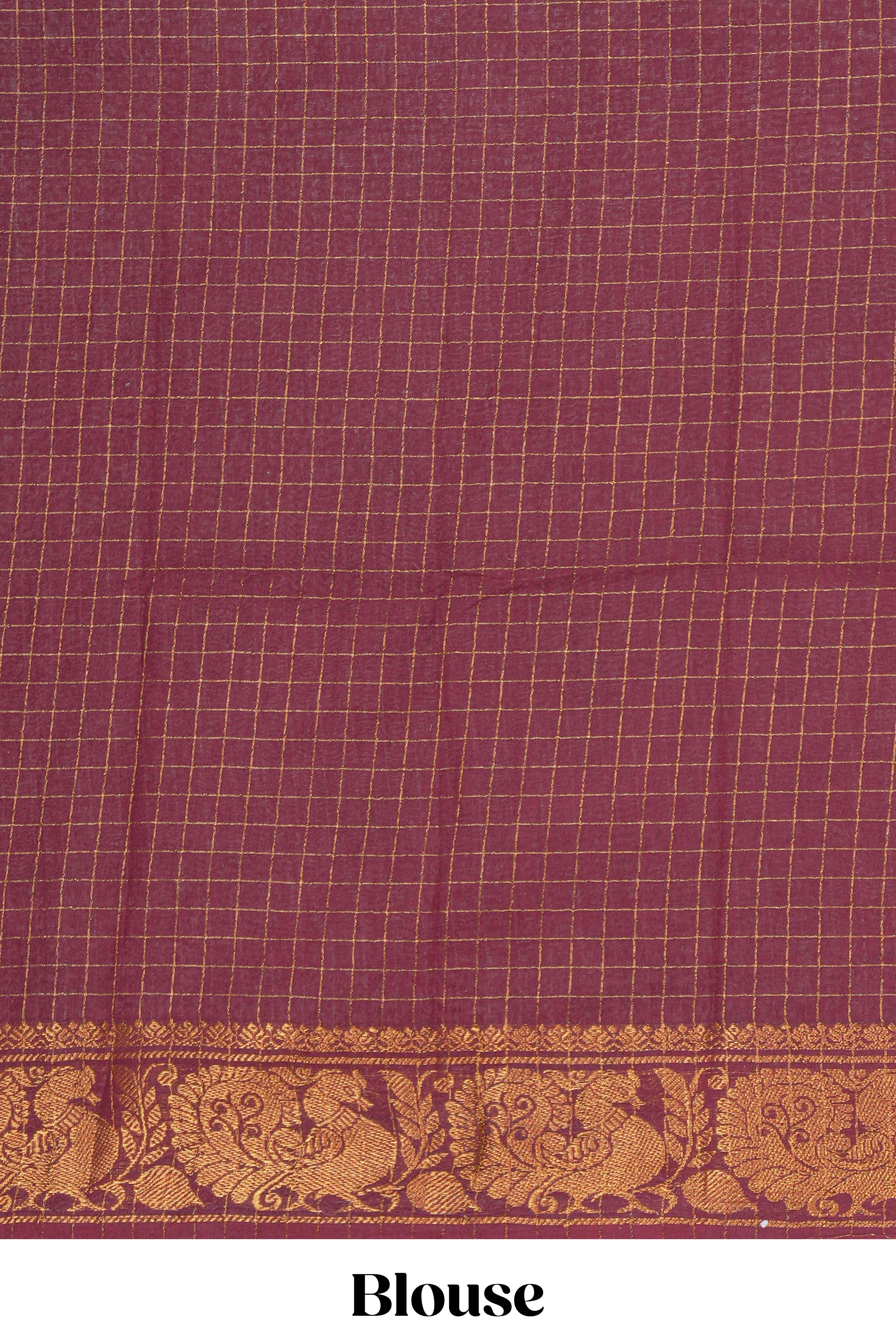 Mustard yellow Chettinad cotton saree with checked body contrastingpeacock zari border striped pallu and a matching checked blouse