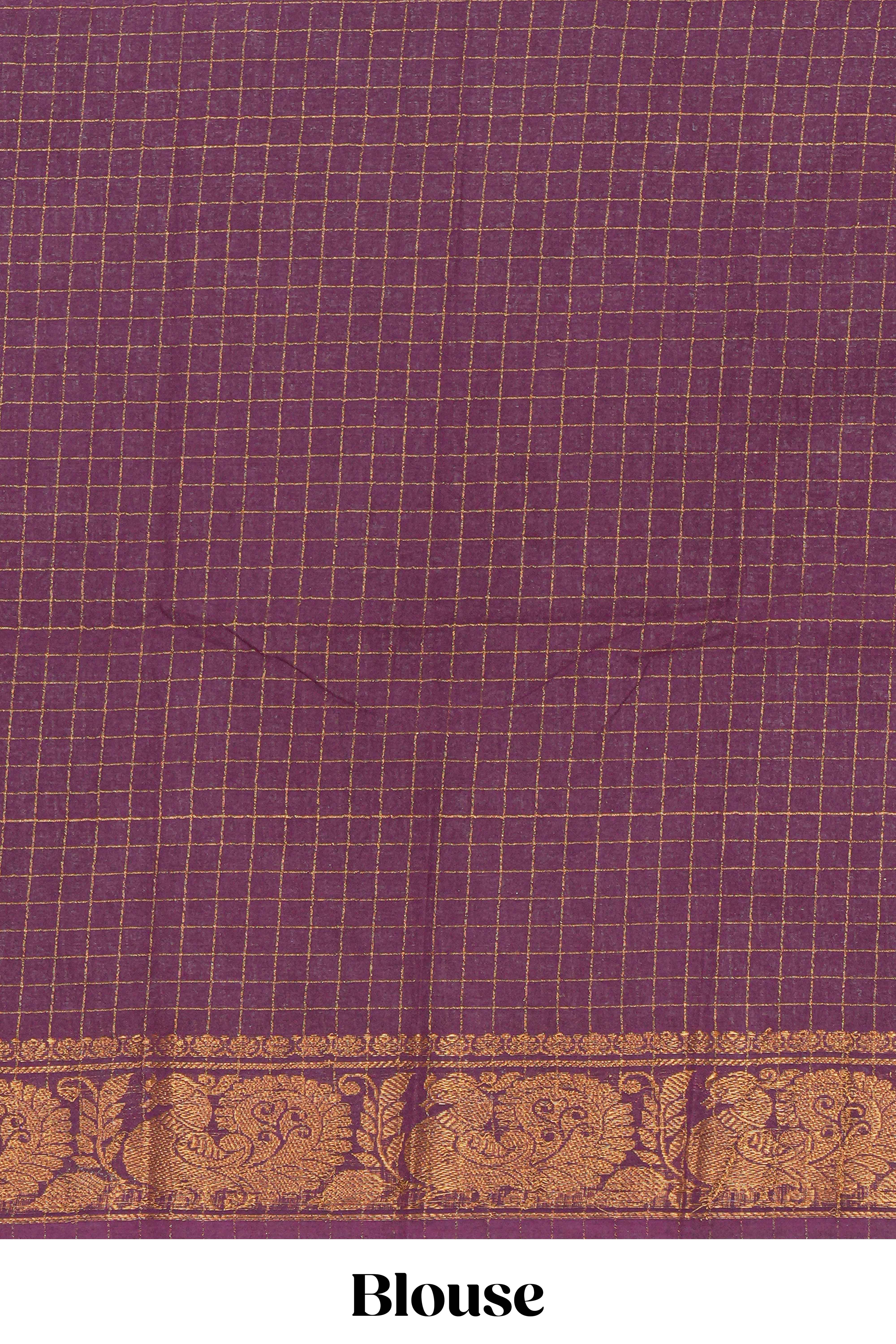 Pink Chettinad cotton saree with checked body contrasting peacock zari border striped pallu and a matching checked blouse