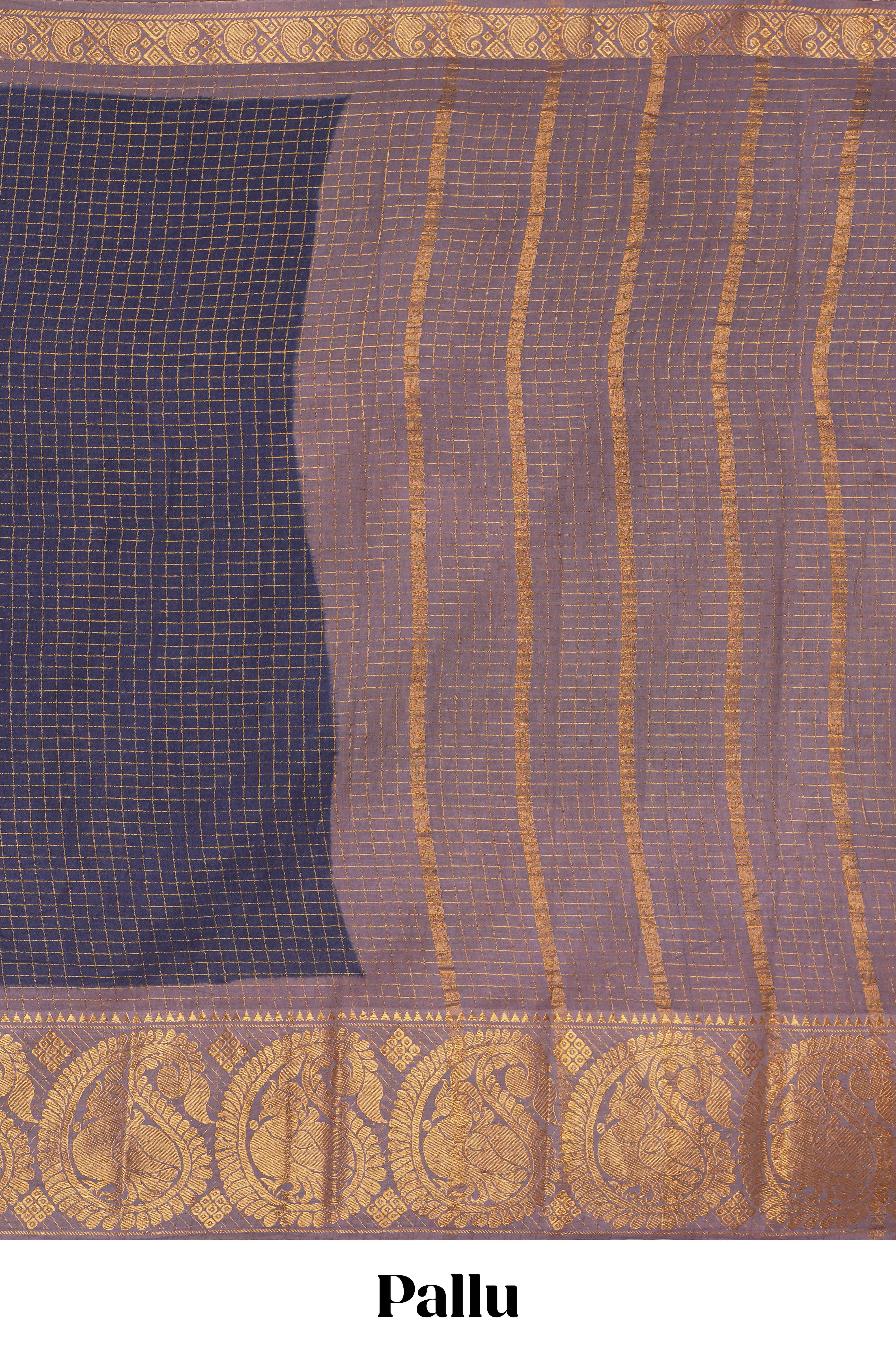 Navy blue Chettinad cotton saree with checked body contrasting peacock zari border striped pallu and a matching checked blouse