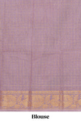 Navy blue Chettinad cotton saree with checked body contrasting peacock zari border striped pallu and a matching checked blouse