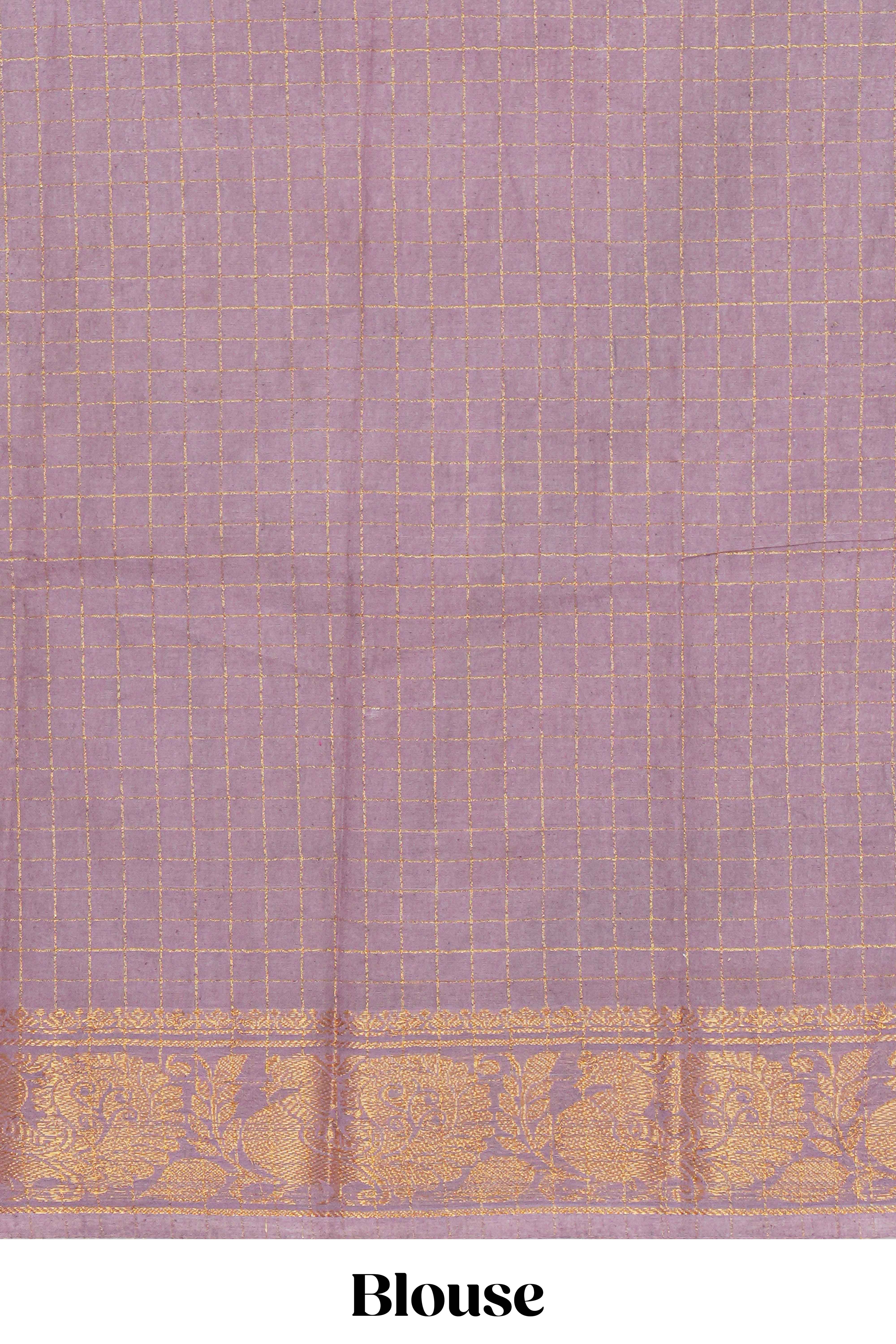 Navy blue Chettinad cotton saree with checked body contrasting peacock zari border striped pallu and a matching checked blouse