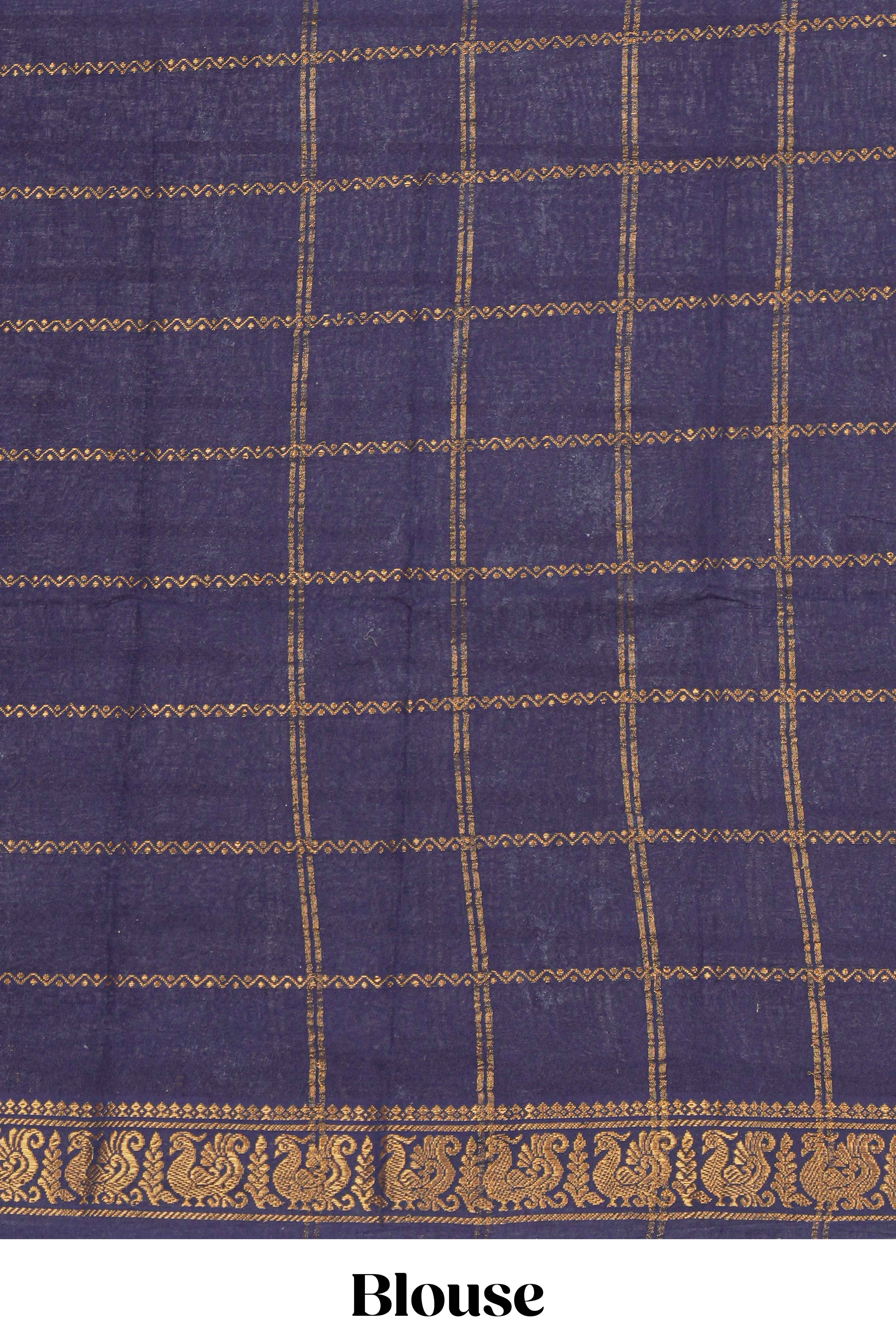 Indigo Blue Sungudi cotton saree with gold zari stripe motifs a contrastingzari border checked pallu and contrast blouse