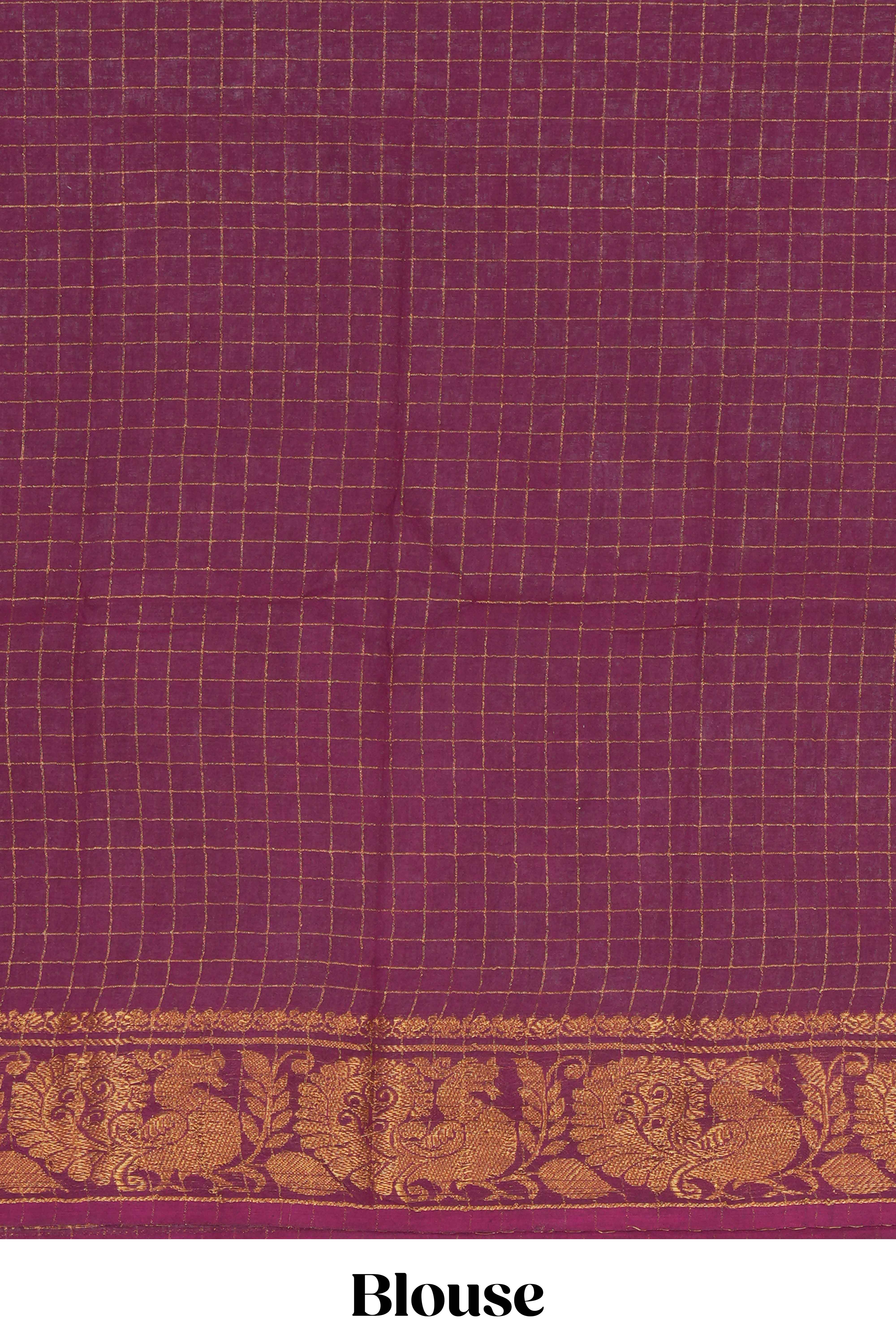 Muted Lavender Chettinad cotton saree with checked body contrasting peacock zari border striped pallu and blouse
